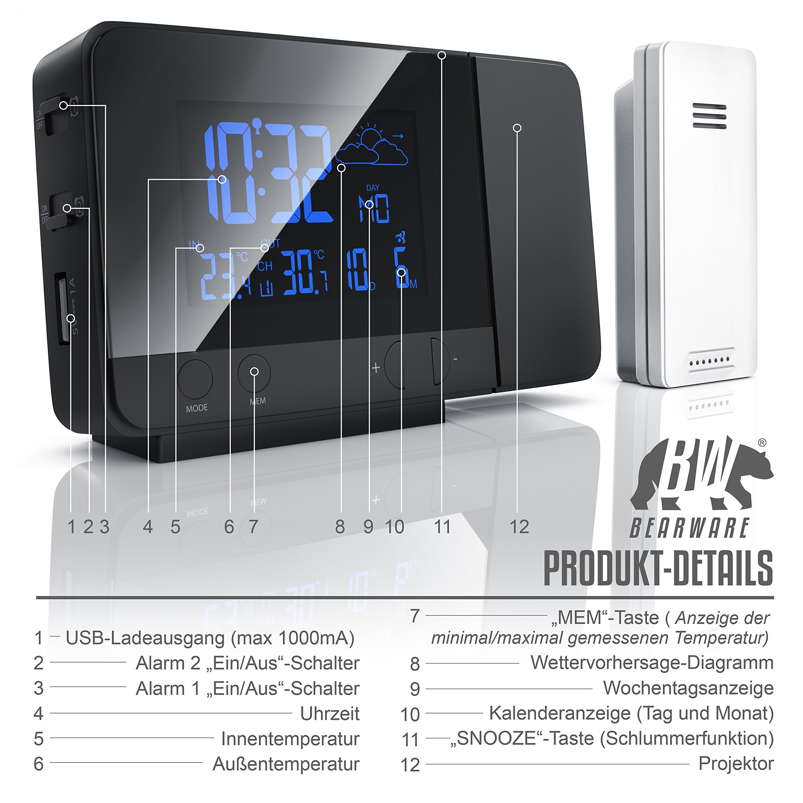 CSL - Funk Wetterstation mit Projektion inkl. Außensensor - sekundengenaue Uhrzeit durch DCF-Signal Funk-Uhr - USB-Ladefunktion - 8-Farbige RGB Hintergrundbeleuchtung - schwarz