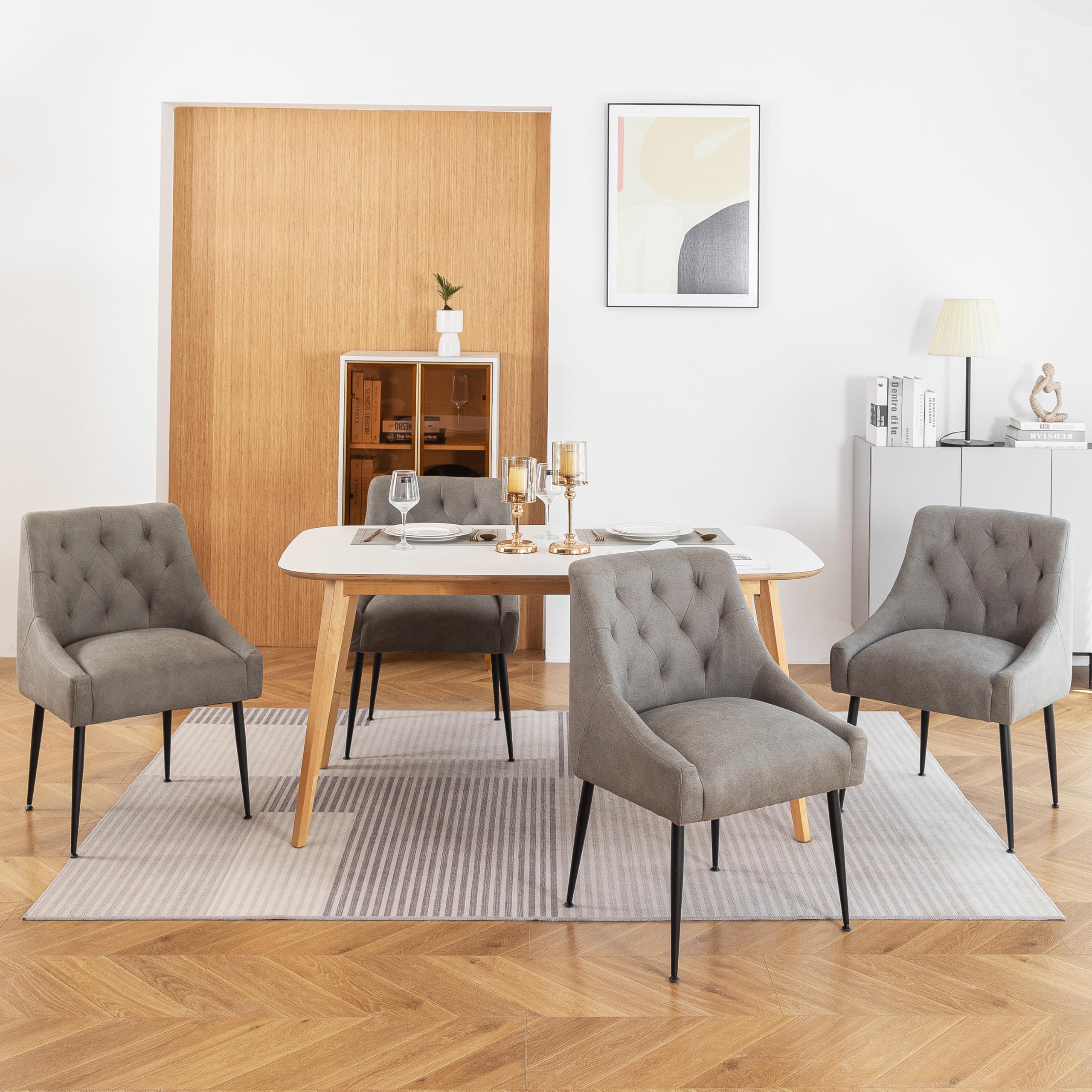 LONXIU Modern Dining Chairs Set of 4, Mid Century Kitchen Dining Chairs with 5.12' Cushions and Metal Legs, Upholstered with Back Pull Rod for Kitchen