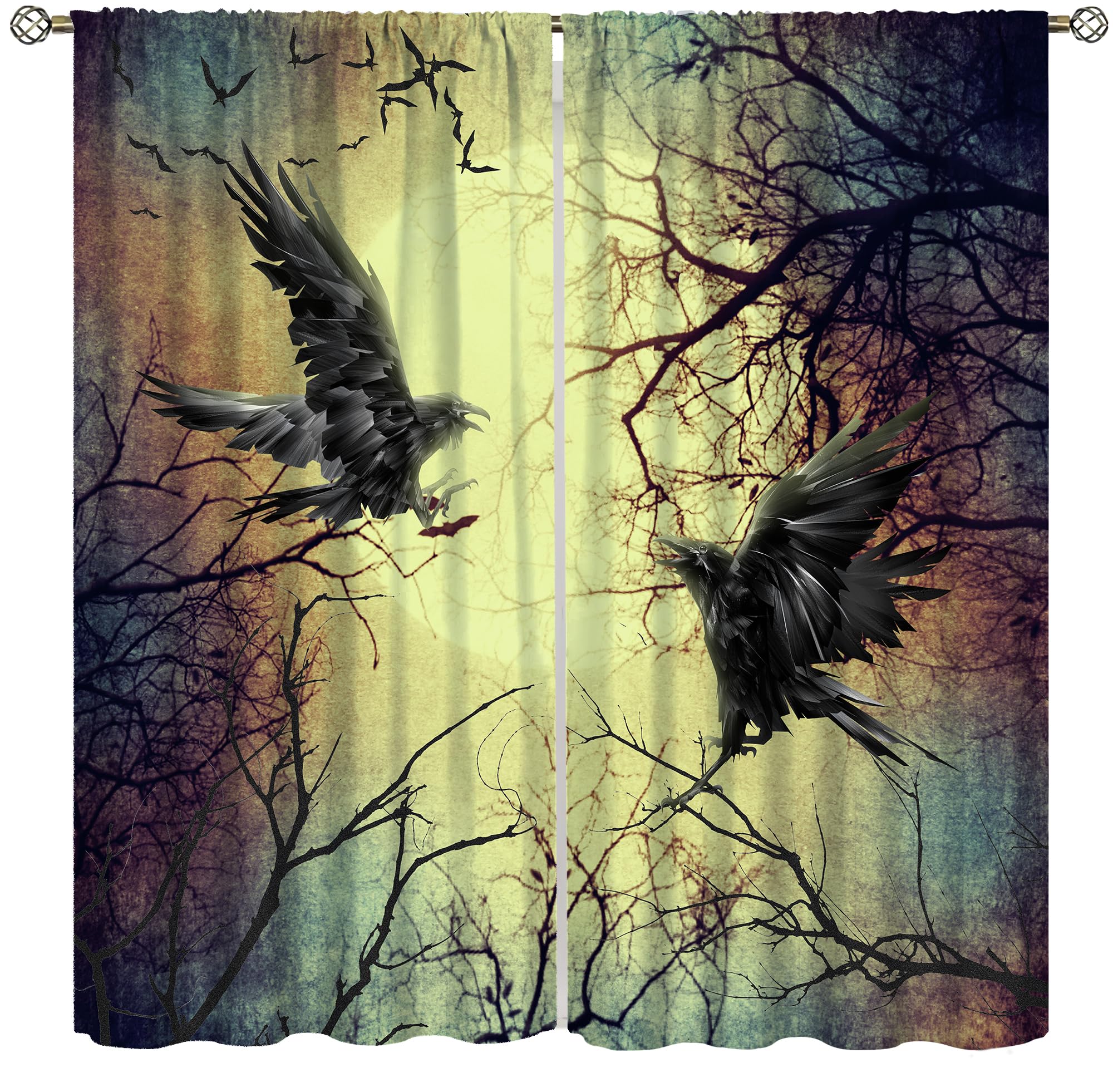 Black Raven Corvus Blackout Curtains,Vintage Rustic Misty Gothic Forest Moonlight Scary Creepy Gothicting Cloudy Windows Treatments Rod Pocket Drapes