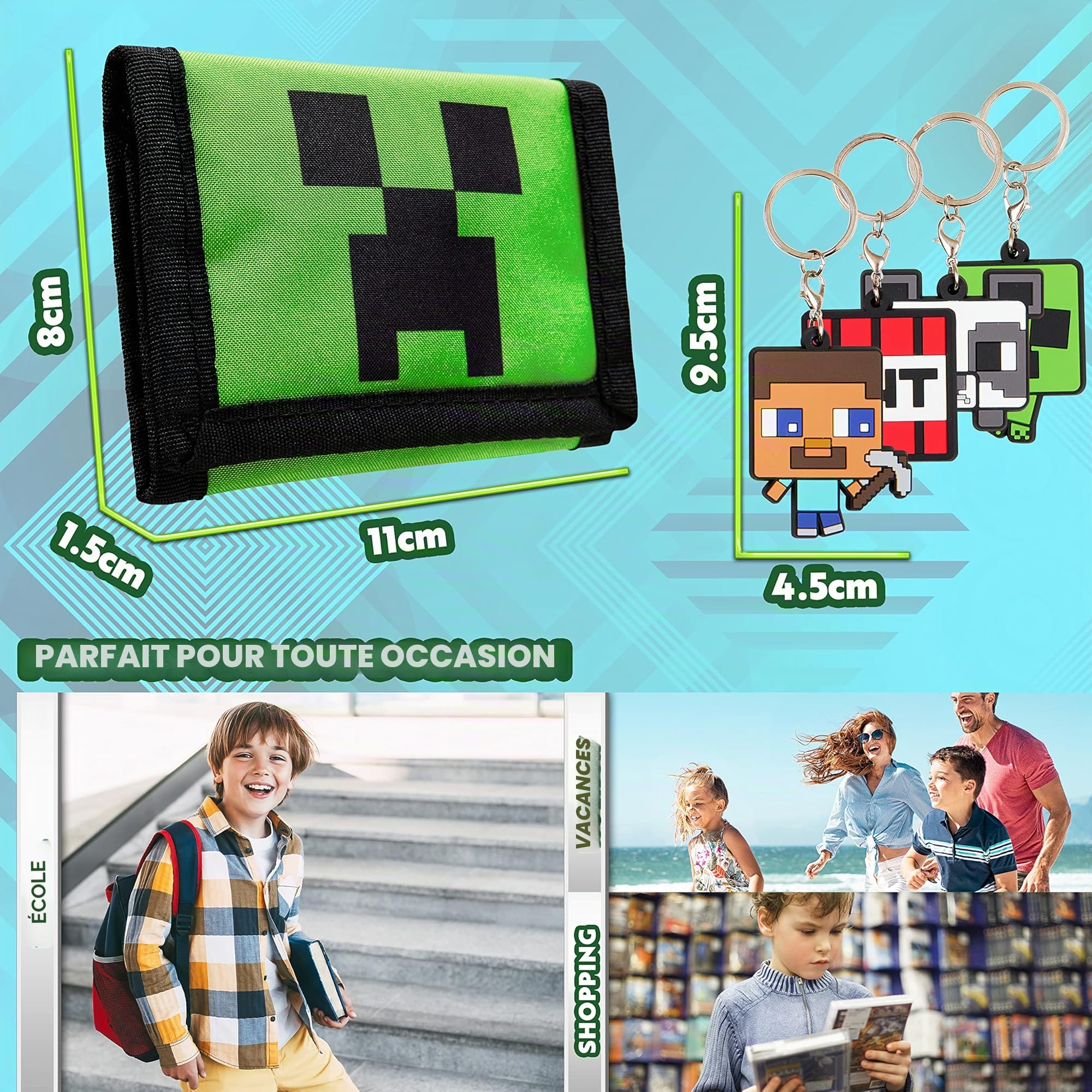 Minecraft Porte Monnaie Enfant Garçon Lot Porte Clé et Portefeuille Scratch Enfant Ado Cadeau pour Gamer Garcon Fille Goodies Creeper Steve TNT