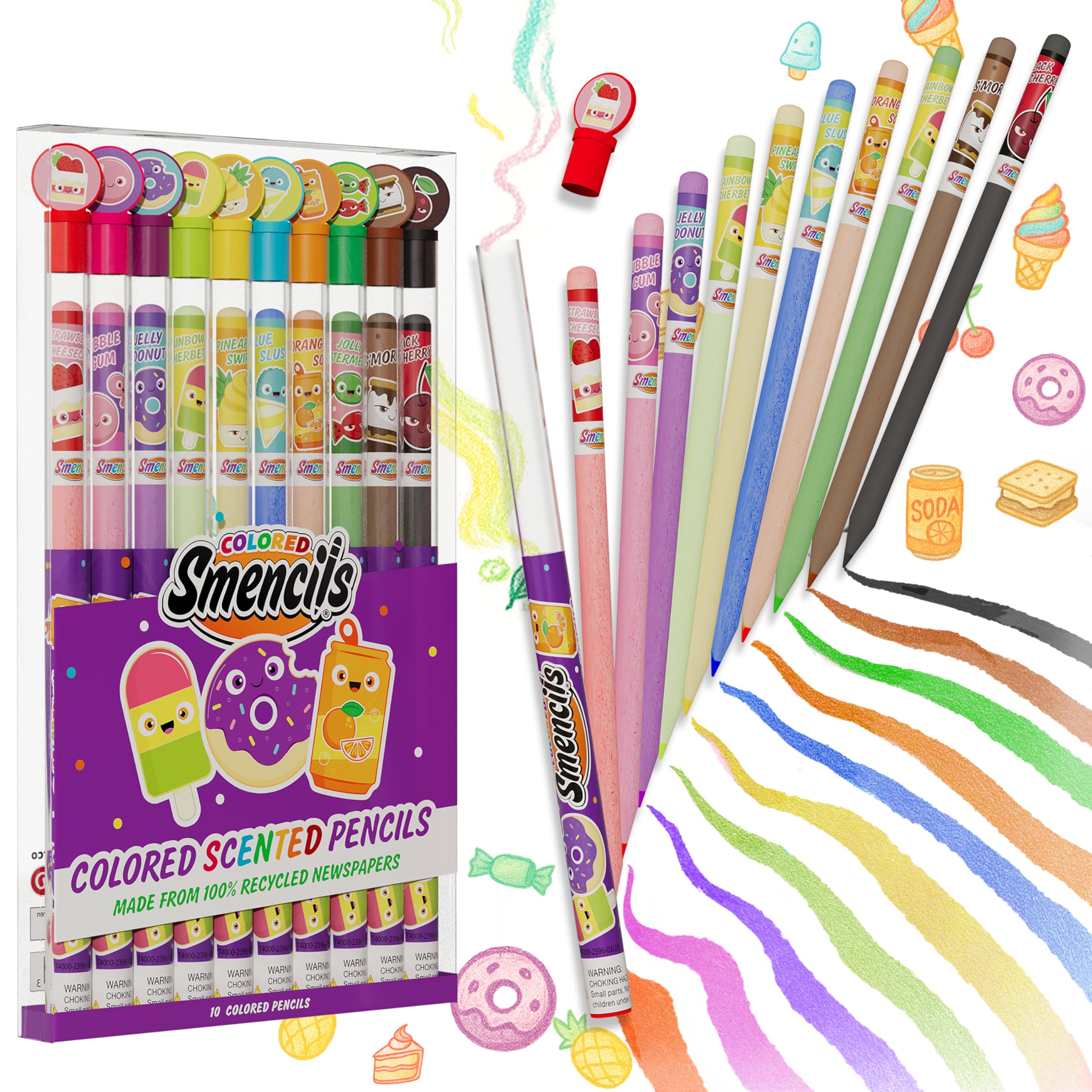 Colored Smencils - Patented Gourmet Scented Colored Pencils made from Recycled Newspapers, 10 Count, Gifts for Kids, School Supplies, Classroom Rewards