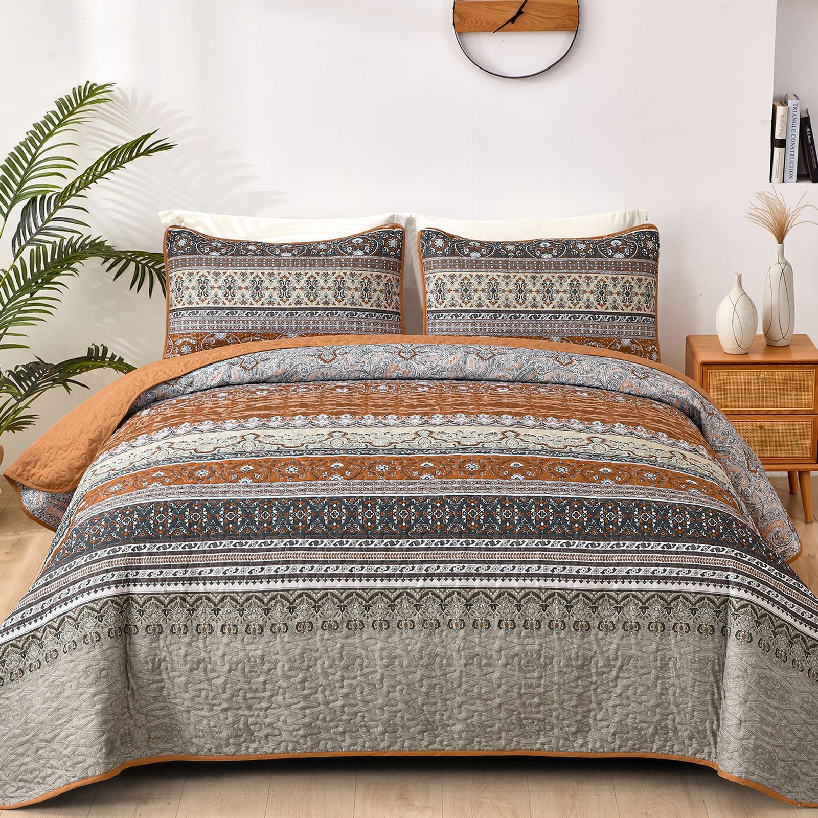 WONGS BEDDING Boho Quilt Set Full, Brown Grey Bohemian Quilt Bedding Set, Ultra Soft Lightweight Bedspread for All Season Reversible Microfiber Coverlet Bedding Set 90"x78"(3 Pieces)