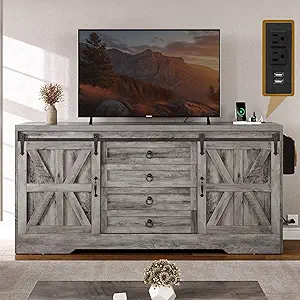 DWVO Farmhouse TV Stand for 65 Inch TV, Entertainment Center with 2 Barn Doors and 4 Drawers, Mid-Century Modern Media Console Table for Living Room/Bedroom, Grey