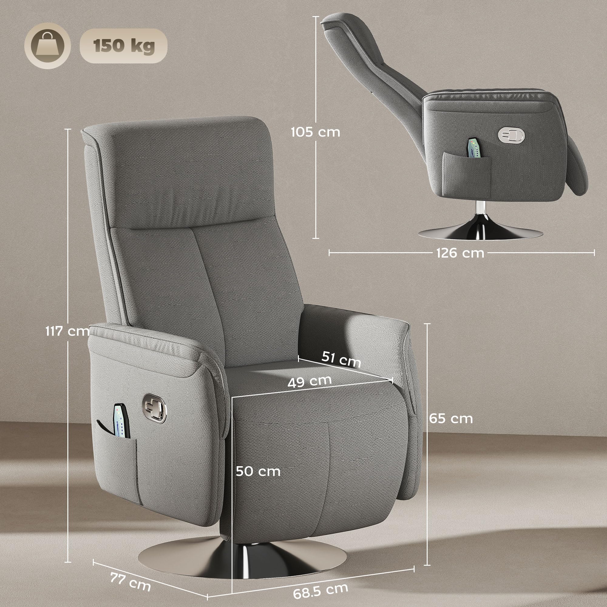 HOMCOM Sillón Relax Reclinable con Reposapiés Sillón de Masaje con 10 Puntos de Masaje Giratorio 360° Mando a Distancia Butaca Reclinable para Salón Oficina Gris
