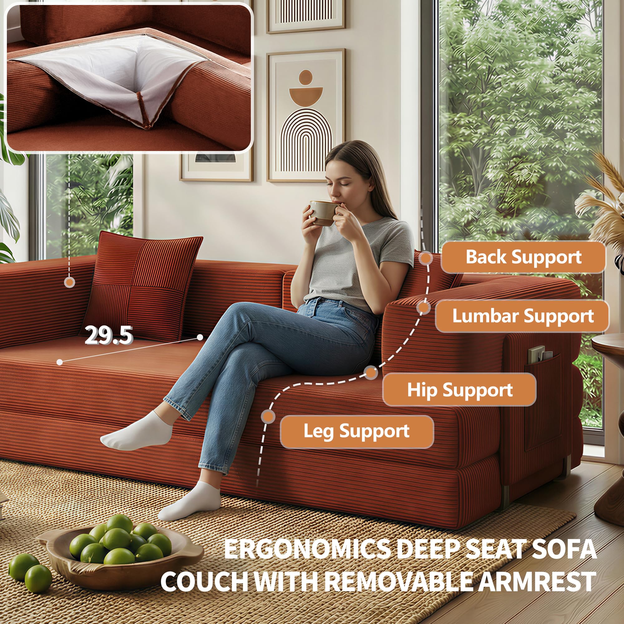78.8" Boneless Couch for Living Room, Futon Sleeper Sofa Bed | Convertible Sofa Bed, Corduroy Pull Out Couch Loveseat with Storage Pocket, Modular Design, No Assembly, Orange
