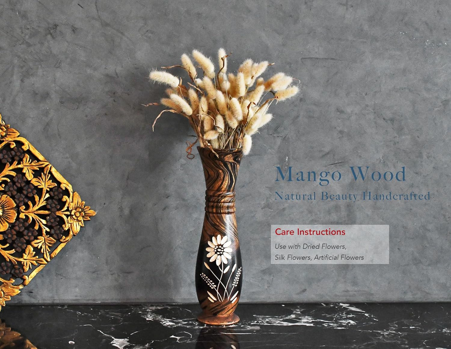 AeraVida 14-Inch Decorative Daisy Flower Mango Wood Vase | Handmade Black and Brown Wooden Trumpet Vase for Living Room Table or Office | Rustic Natural Home Decor Accent