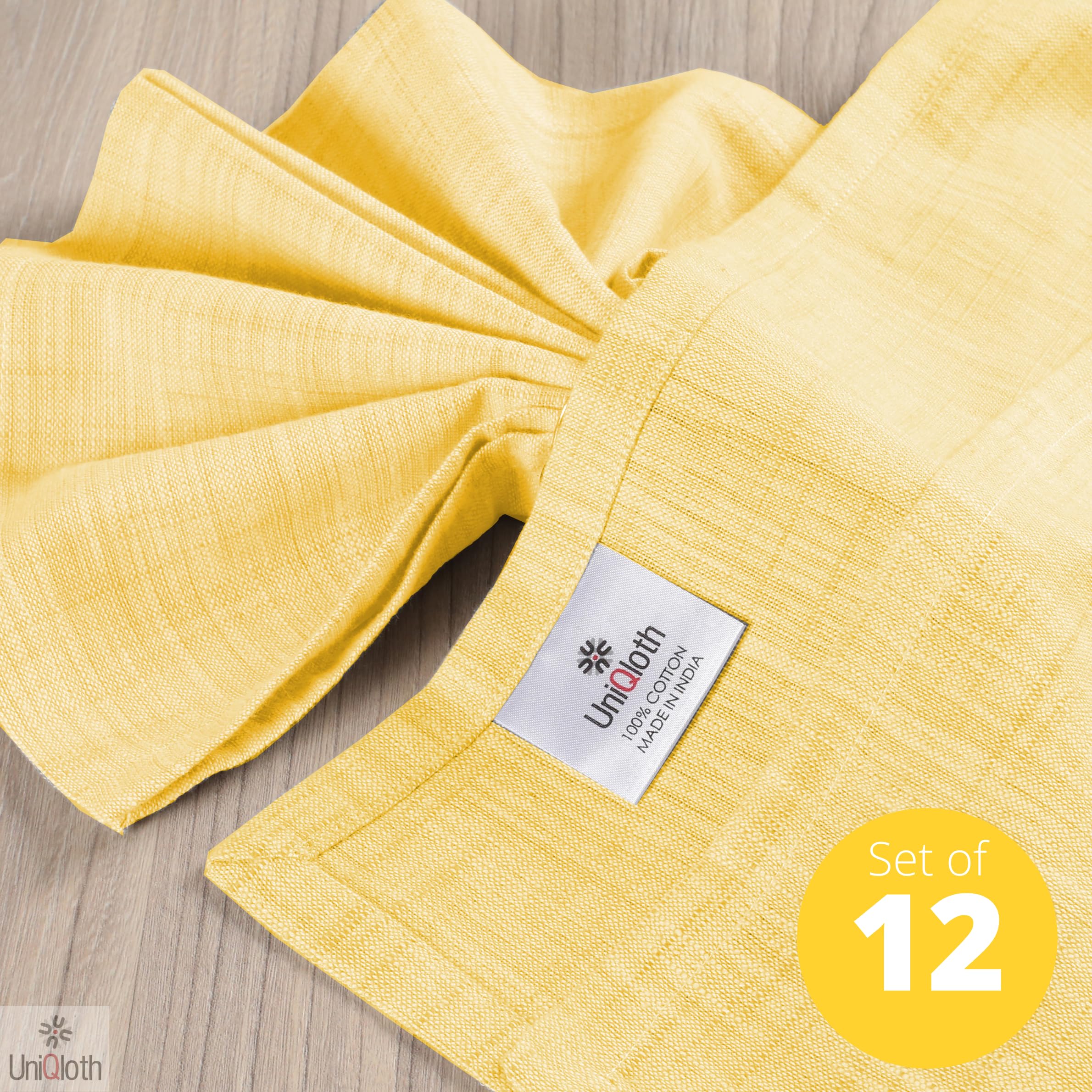 UniQloth 12 Pack Farmhouse Slub Textured Cloth Dinner Napkins Cotton - Soft Durable Washable Reusable - Ideal for Weddings Holidays Restaurant Parties Daily Use Dinner Napkins 18x18 Yellow Orange