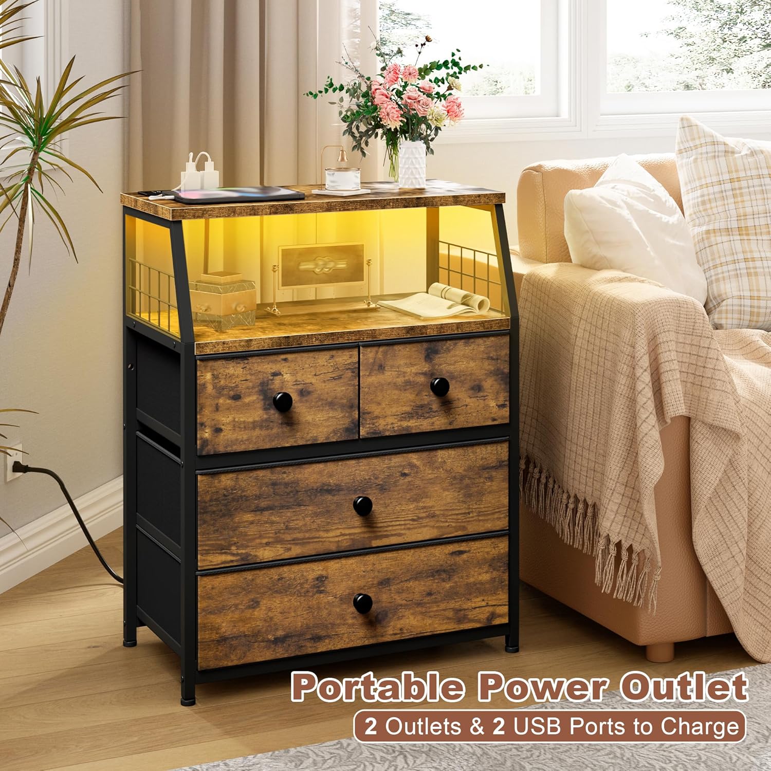 21.8"W Nightstand with Charging Station & LED Lights, Bedside Table with 4 Fabric Drawers, Night Table with Safety Netting Open Wood Shelf Storage for Bedroom, Table with WoodTop, Rustic Brown - Image 8