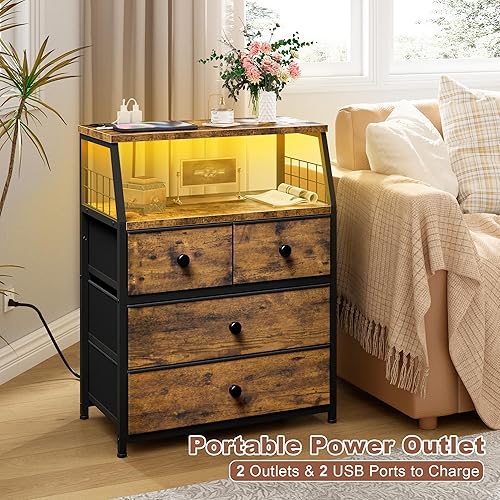 Miniatura 7 de EnHomee Juego de 2 mesitas de noche, mesita de noche con estación de carga y luces LED, mesita de noche con 4 cajones de tela para dormitorio, mesa