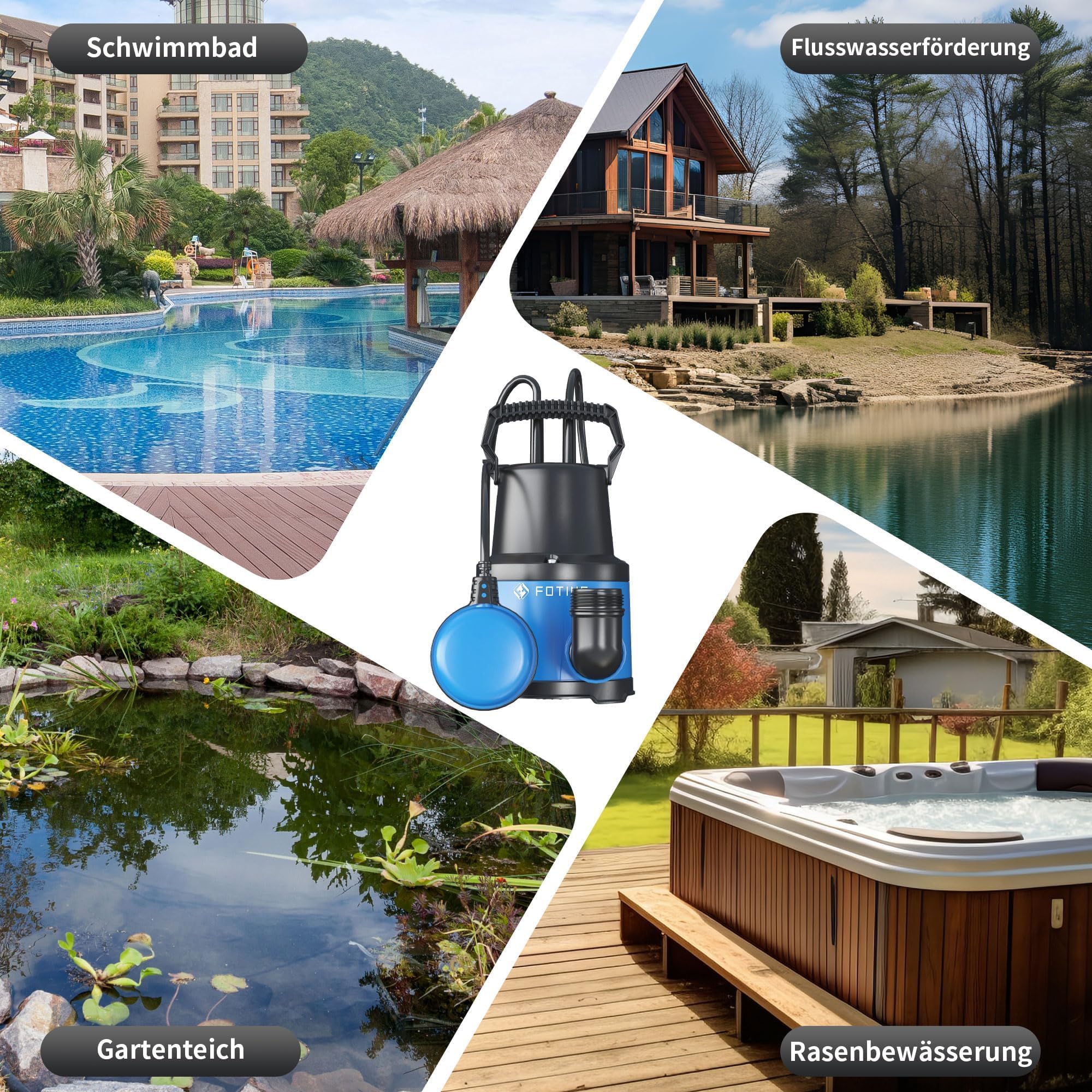 FOTING Pompa sommersa 400W 8000l/h portata max 8m profondità di immersione max 7m interruttore galleggiante regolabile protezione termica per piscina e cantina