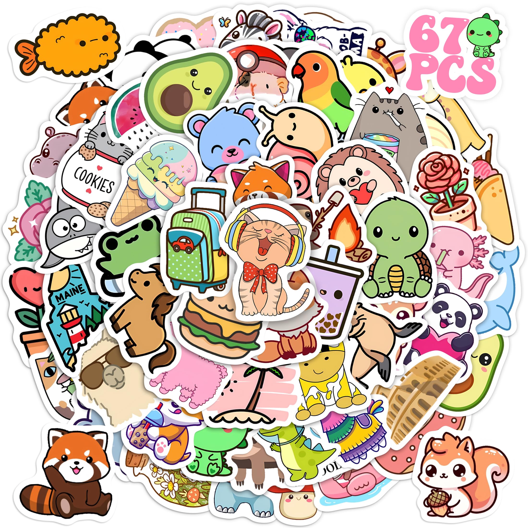 65 Pcs Cute Animals Water Bottle Stickers for Kids, Cartoon Laptop Decals for Adults, Waterproof Vinyl Girls Boys Skateboards Phone Case Scrapbook Stationery Box Decor
