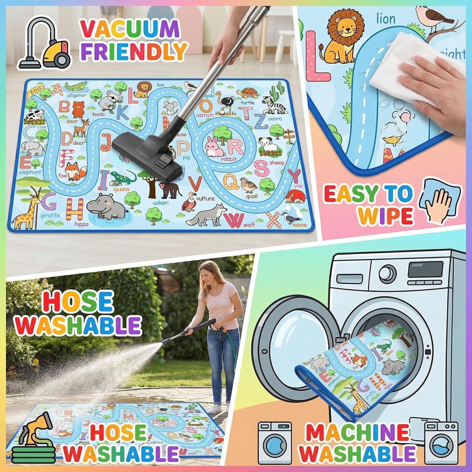 ABC Rug with Alphabet Animals Numbers Shapes, Kids Rugs for Playroom 3x5, Non Slip Educational Area Rug for Bedroom Nursery Classroom, Learning Play Mat