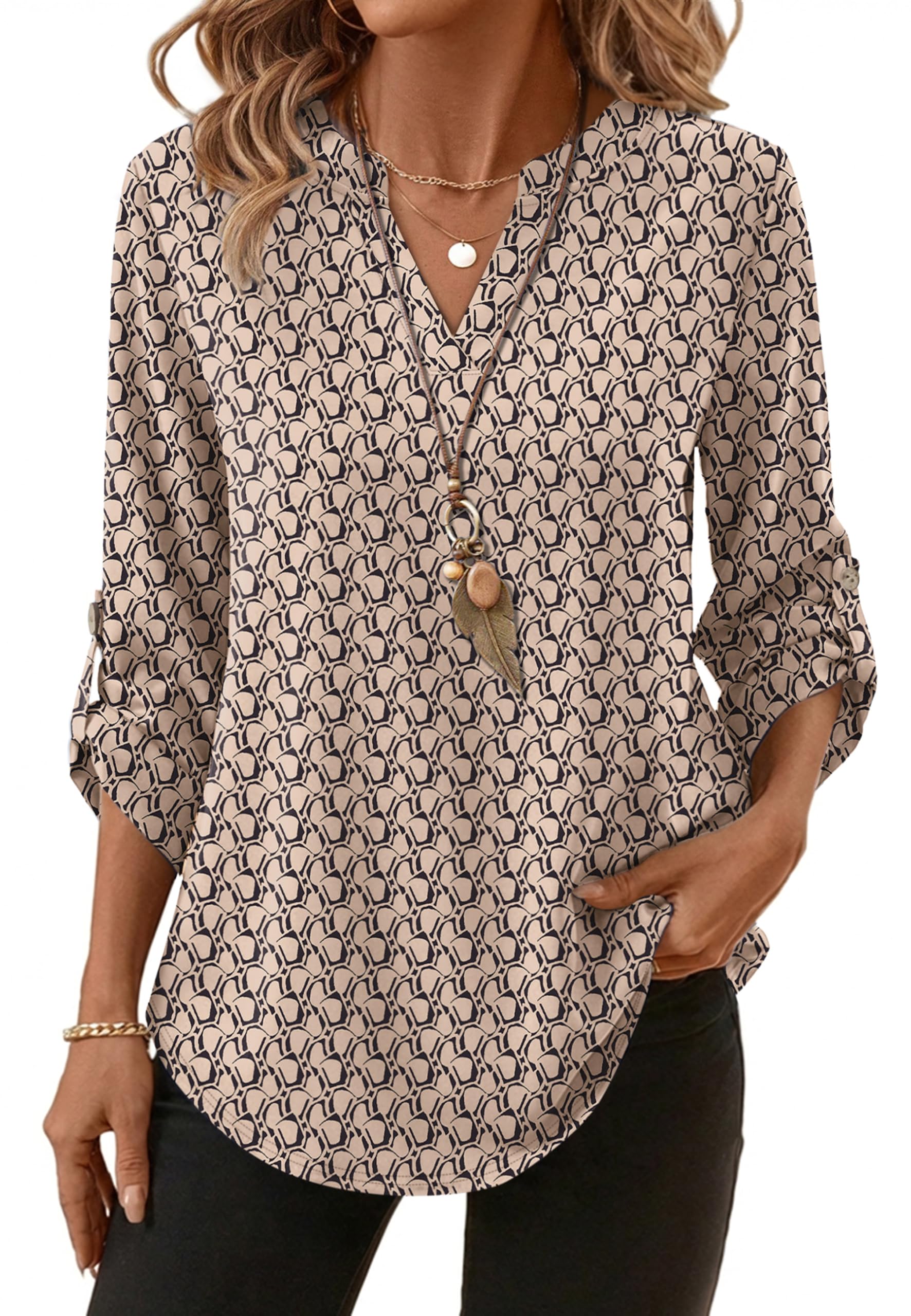 XIEERDUO 3/4 Length Sleeve Womens Tops V Neck T Shirts Both Side Buttons Blouses Business Casual Outfits Loose Fit