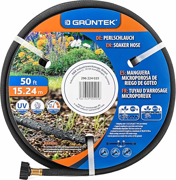 GRÜNTEK Tropfschlauch Set, Perlschlauch 15,24 m / 50 ft, Schnell- und 1/2 Zoll US-Anschluss, UV ...