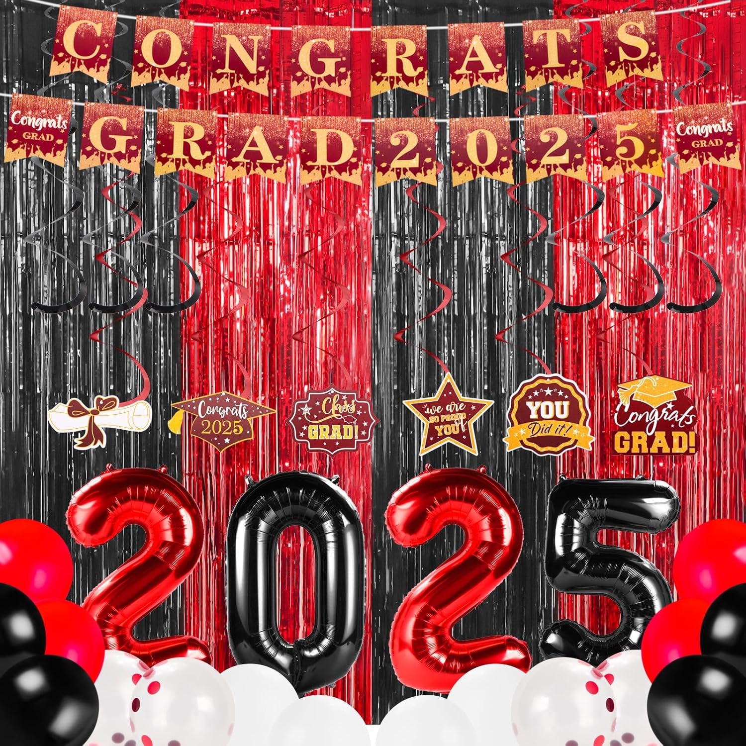 55Pcs Black and Red 2025 Graduation Decorations Photo Backdrop Streamers Congrats Grad Banners Balloons Party Supplies for High School & College University Graduation Celebrations Black Red