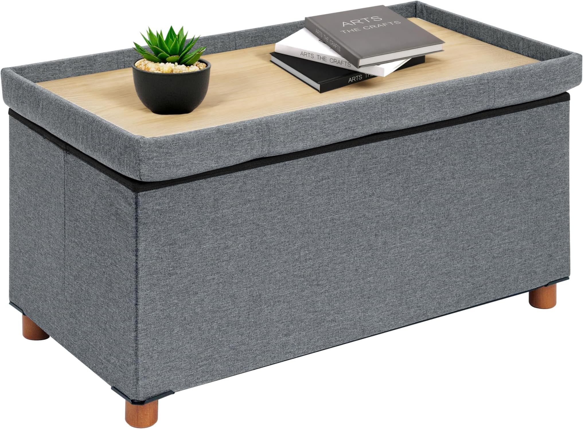 B FSOBEIIALEO 30" Folding Storage Ottoman with Tray, Wood Legs, Linen Grey