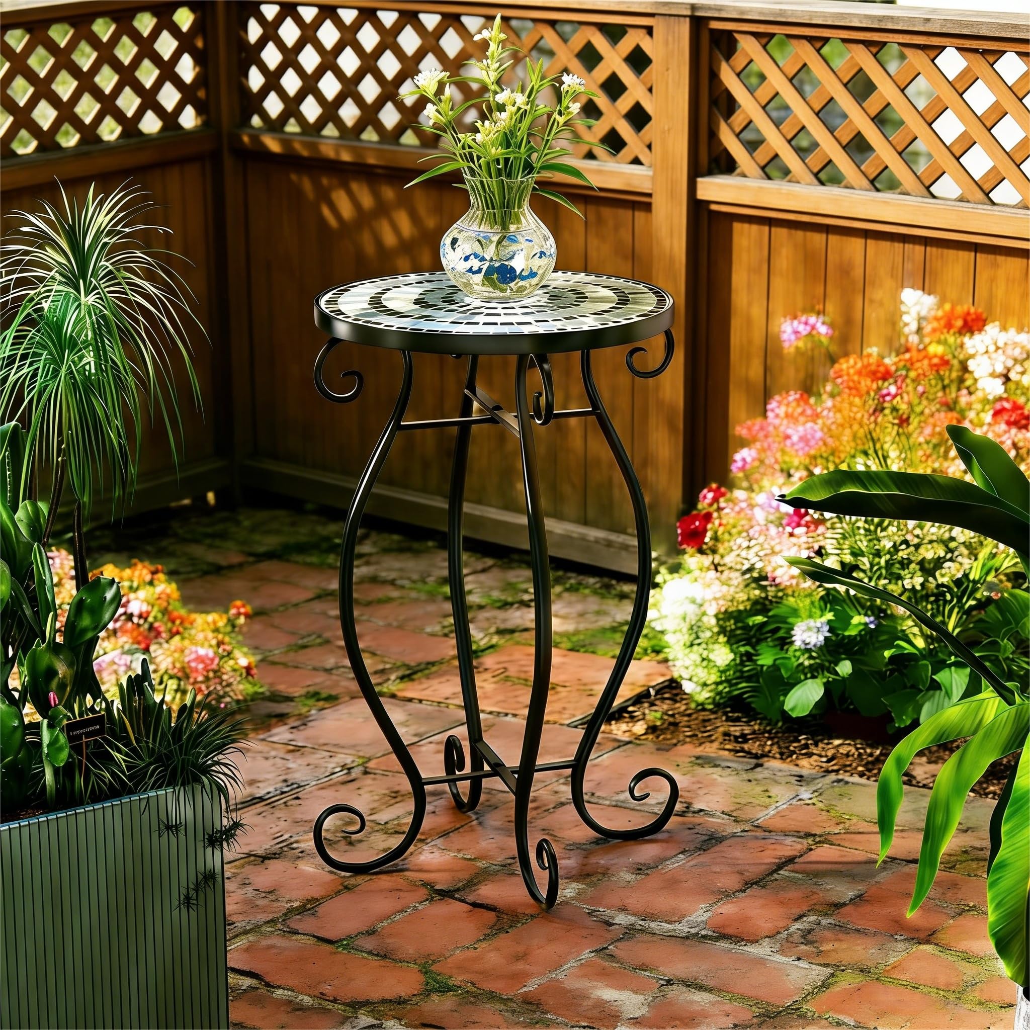COSTWAY Mesa Auxiliar de Exterior Mosaico, Mesa de Jardín Redonda con Tablero de Cerámica Resistente, Soporte para Plantas Pequeña para Balcón Patio,Jardín, Mesa de Acento (Turquesa)