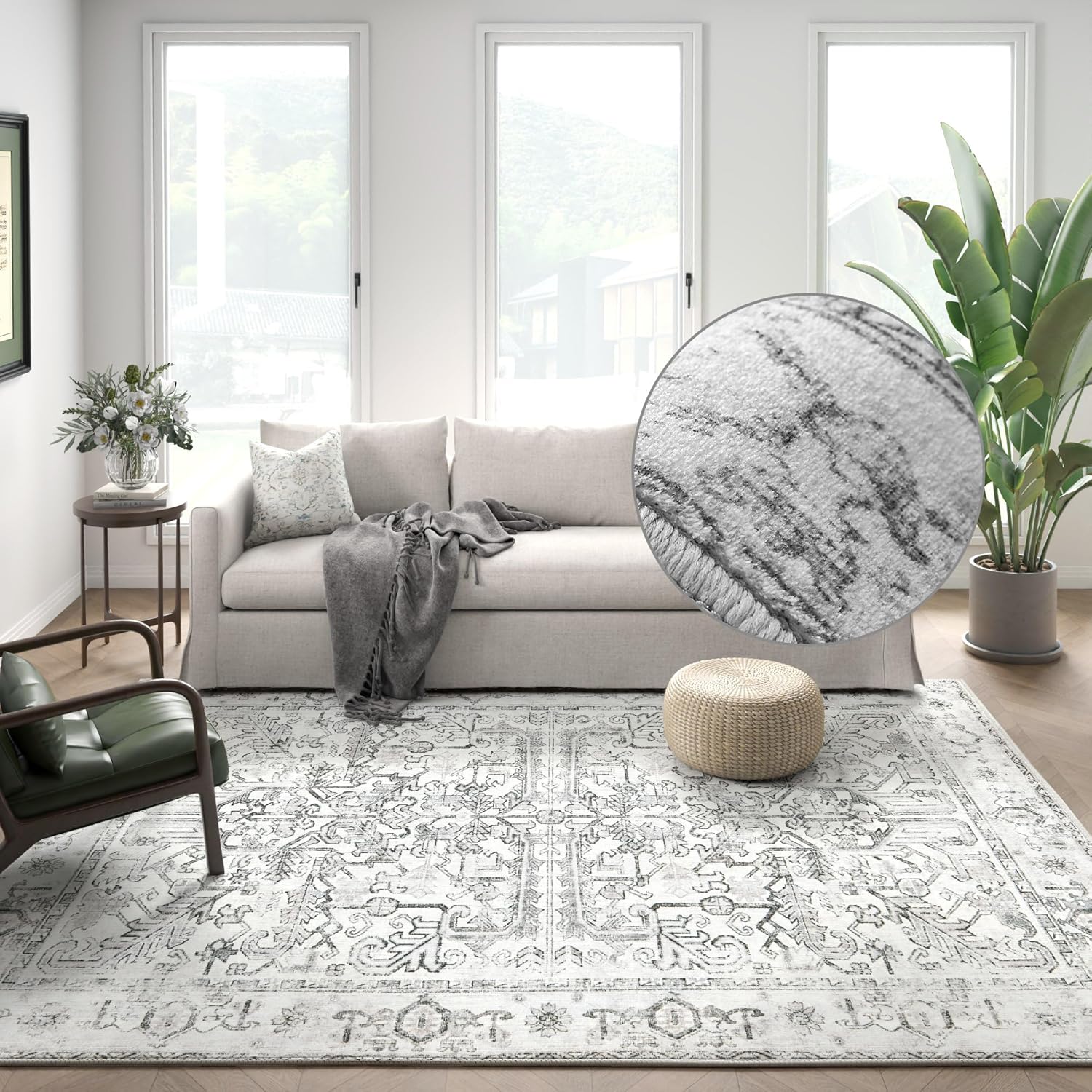jinchan 8x10 Area Rug for Living Room Washable Soft Throw Rug Ultra-Thin Stain Resistant Non-Slip Distressed Vintage Floral Large Carpet for Bedroom,Dining Room,Home Office,Nursery (8x10ft,Grey) 8x10-Buttery Soft Border Grey