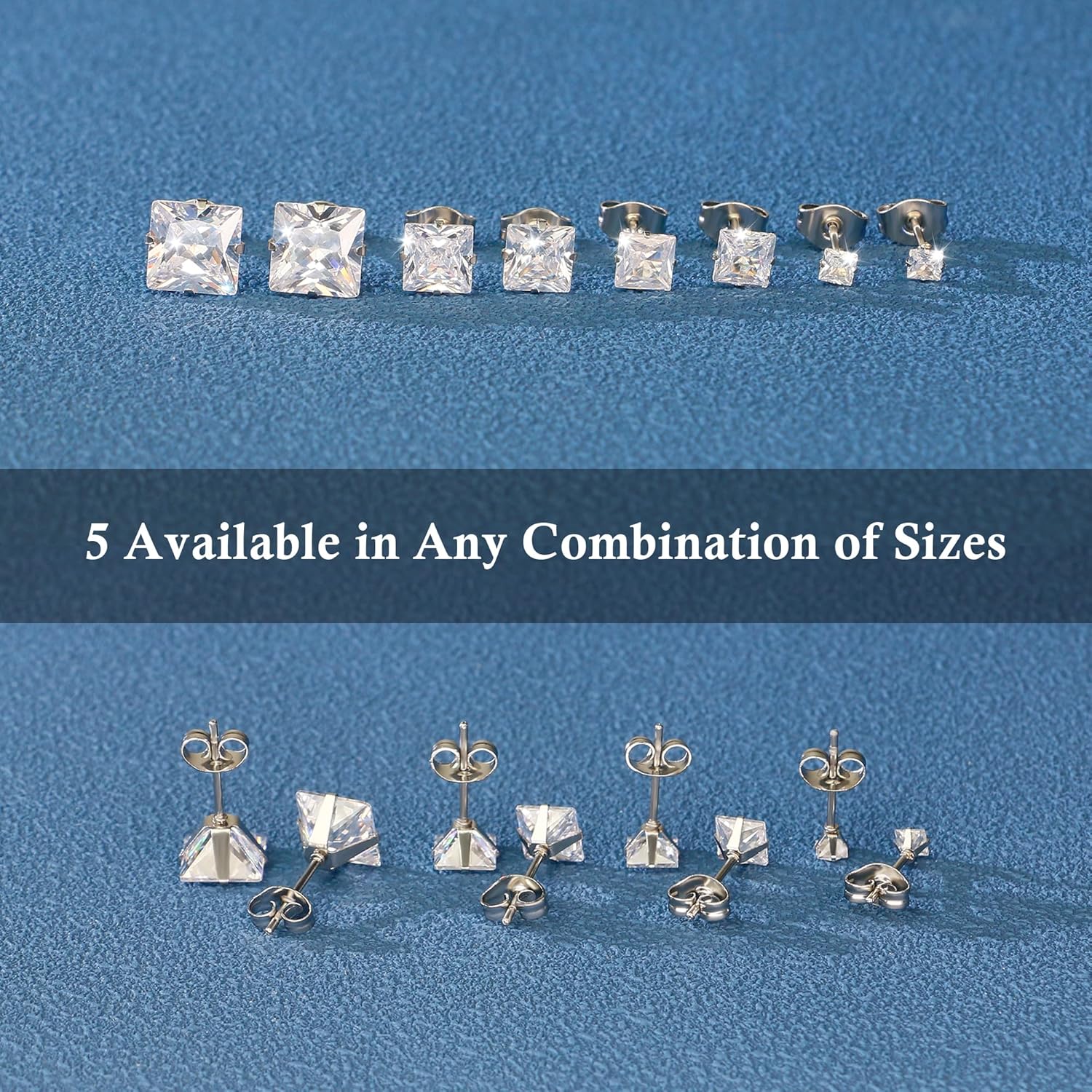 4 Pairs Stainless Steel Earrings, Square Stud Earrings for Men and Women, Hypoallergenic Cubic Zirconia Earing Set Lab-Diamond Princess Cut Jewelry Aretes De Hombre - Image 4