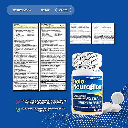 Miniatura 7 de Dolo Neurobion Analgésico, reductor de fiebre, extra fuerza. Alivia el Dolor, Reduce la Fiebre, Extra Fuerte. 60 tabletas. Acetaminofeno 500 mg