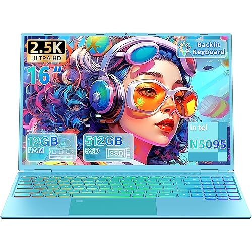 16" Blue Laptop 2.5K FHD IPS Screen, Celeron N5095,12G RAM, 512GB SSD, 7-Color Backlit Keyboard, Fingerprint Reader, Lightweight for Study Work & Play (Inches, 16, Blue, 1, TB, GB, 12)
