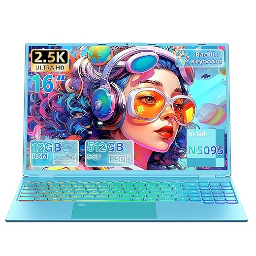 16" Laptop Ultra-Narrow bezels 2.5K FHD(2560x1600) IPS Screen, Celeron N5095,12G RAM, 512GB SSD, 7-Color Backlit Keyboard, Fingerprint Reader, Lightweight for Study Work & Play