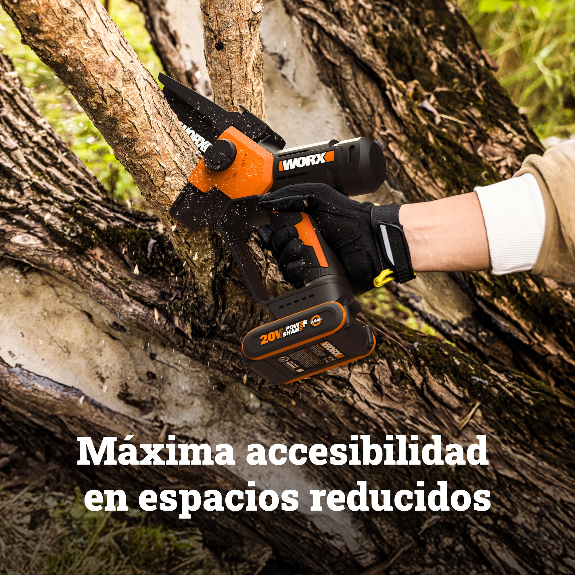 WORX WG326E Mini Motosierra 12cm 20V 2Ah PowerShare, una Mano | Cambio de cadena sin herramientas, doble protección de seguridad, cargador 1h incluido, compatible 20V/40V