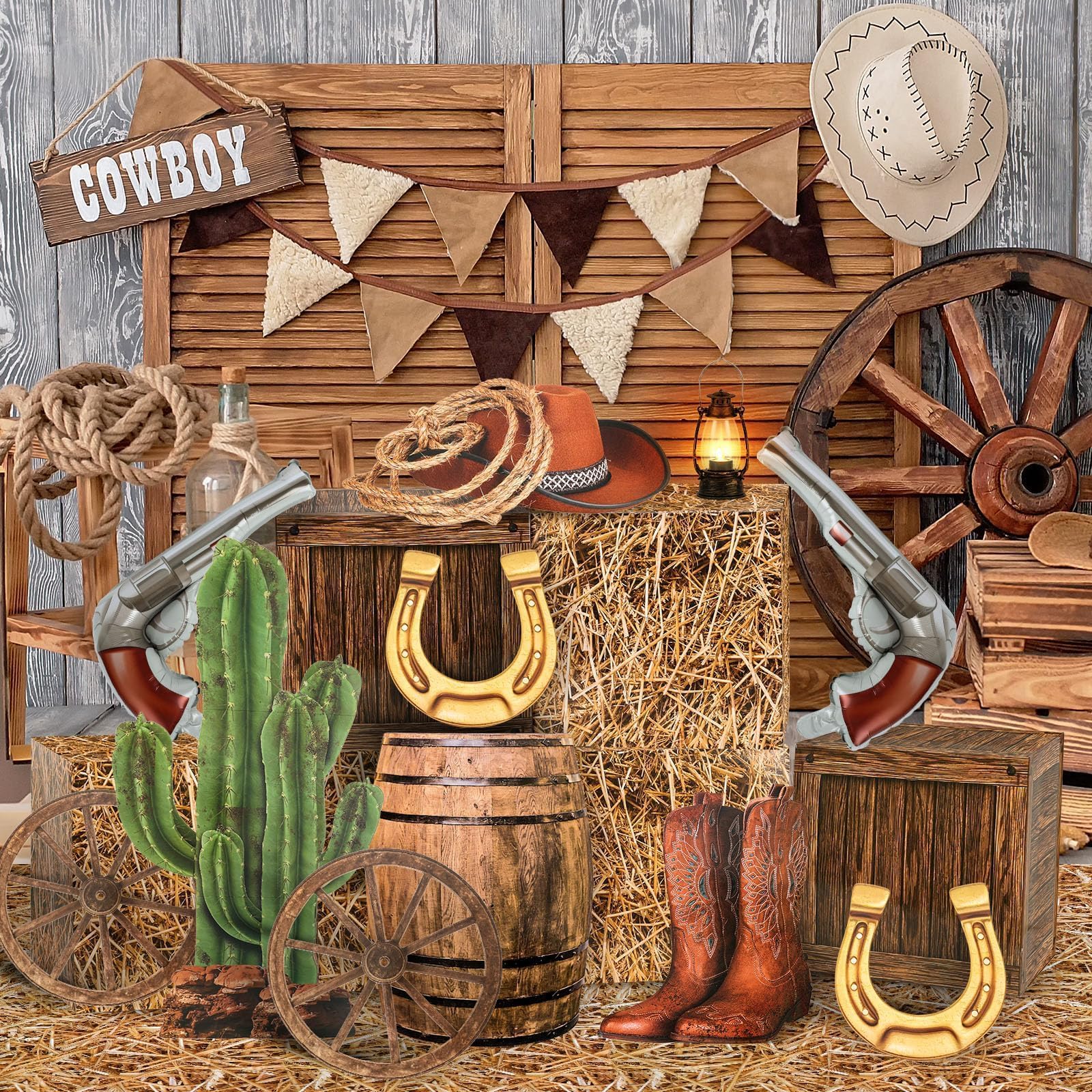 YLOLUL Set di 18 decorazioni per feste con cowboy occidentale, 6 scatole di balle di fieno, 2 ruote in legno, 10 centrotavola da cowboy occidentale, decorazioni per cabina fotografica, cowgirl, feste