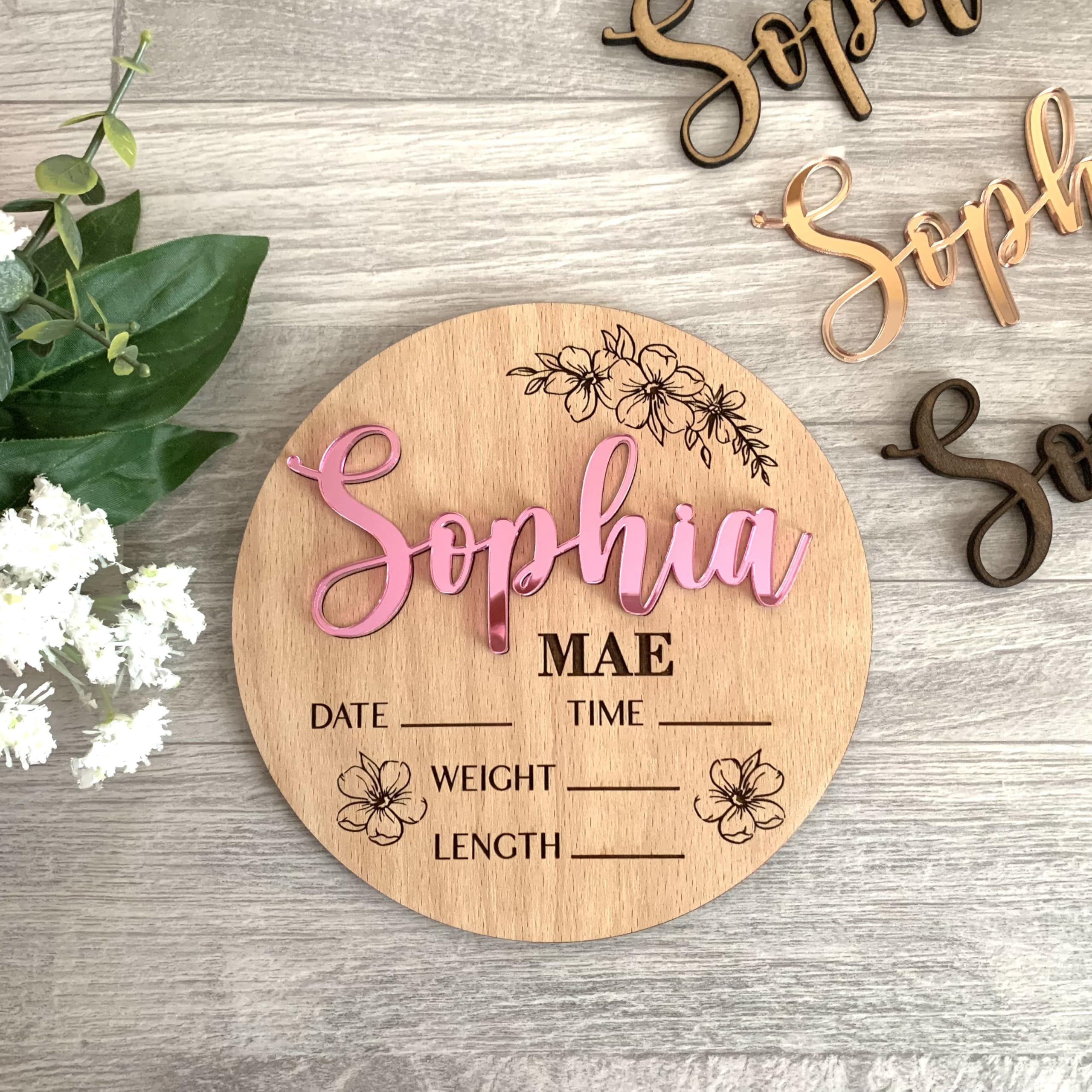 Panneau de Naissance Personnalisé en Bois 3D avec Fleurs – Plaque Prénom Bébé – Annonce de Naissance Unique – Cadeau Nouveau-né – Décoration Chambre Bébé - Accessoires photo pour l'hôpital (Design 1)