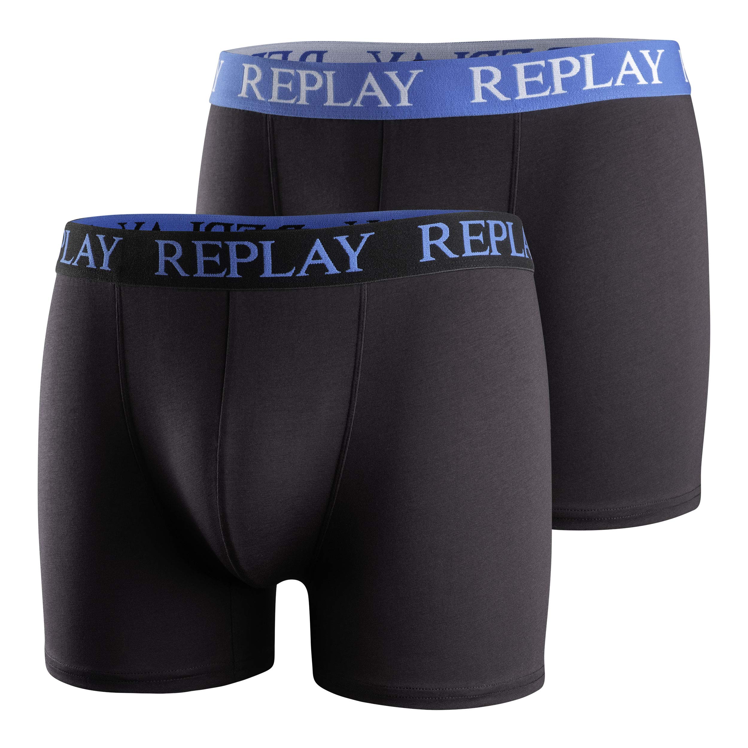Replay Men's Black/Turquoise I101005-001-N141 Boxer Style 01/C Basic Cuff Logo 2Pcs Box Boxer Size M