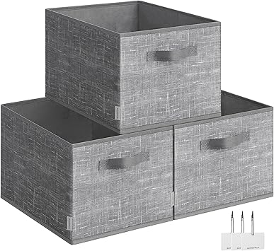 SONGMICS Cajas de Almacenaje Plegables, Juego de 3 Cestas de Tela, 40 x 30 x 24 cm, Organizadores de Armario, 2 Asas, Portaetiquetas, para Dormitorio, Salón, Gris Espadaña ROB440G01