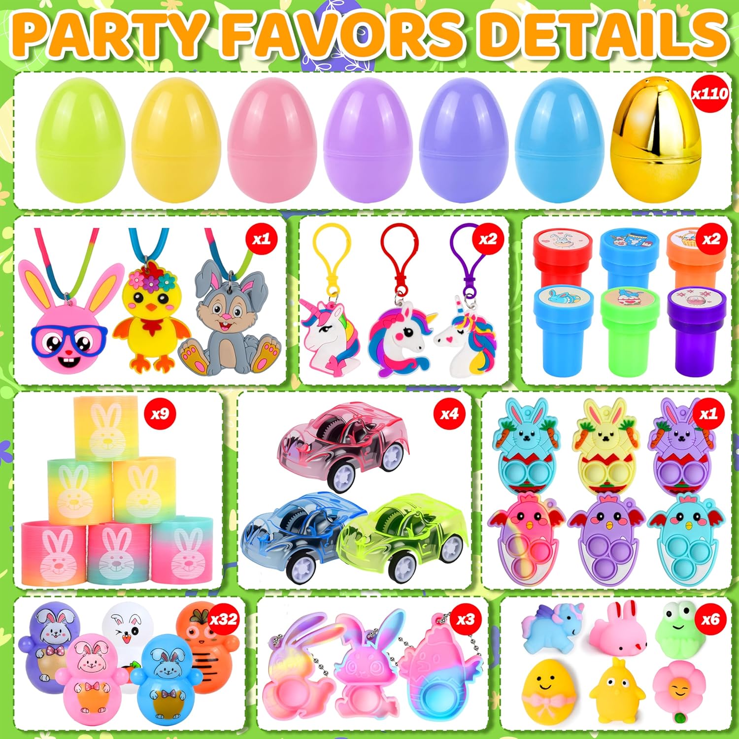 330 Pcs Easter Egg Hunt Set Includes 110 Prefilled Plastic Eggs with 220 Assorted Novelty Toys and Rings, Keychain, Stickers for Easter Baskets and Party Supplies
