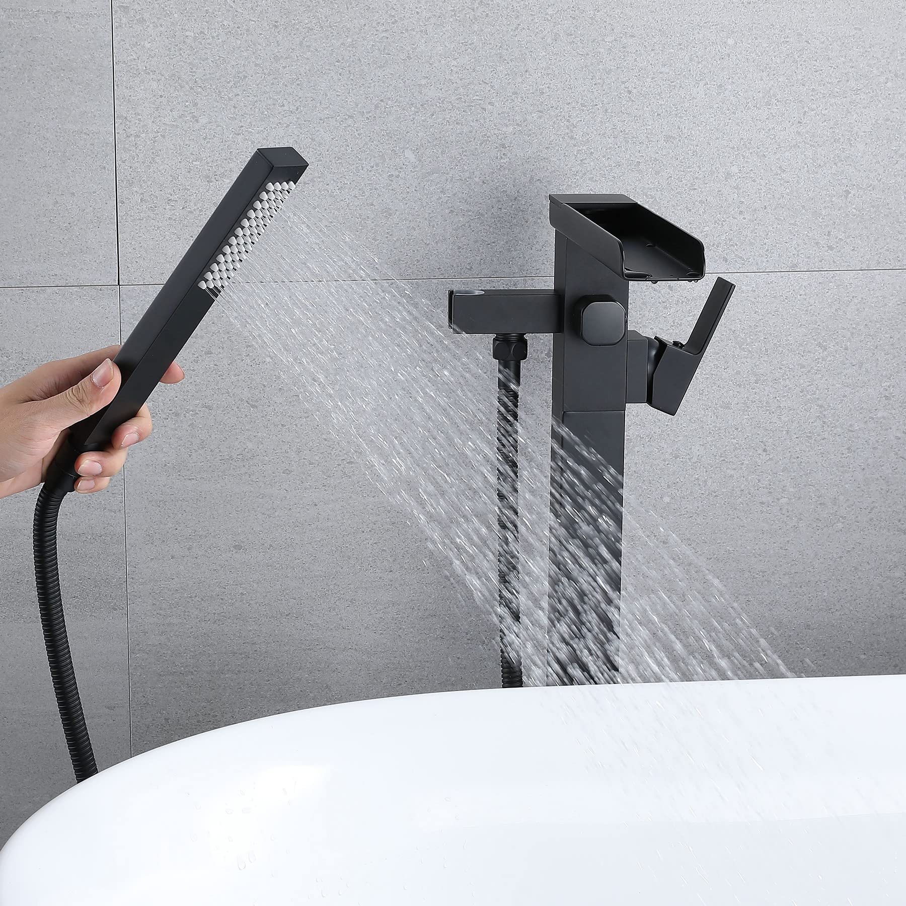 Rubinetto Per Vasca Pavimento In Piedi Da Bagno Con Beccuccio A Cascata E Spruzzatore A Mano,Freestanding Rubinetti Per Vasca, Nero（collegamento interno）