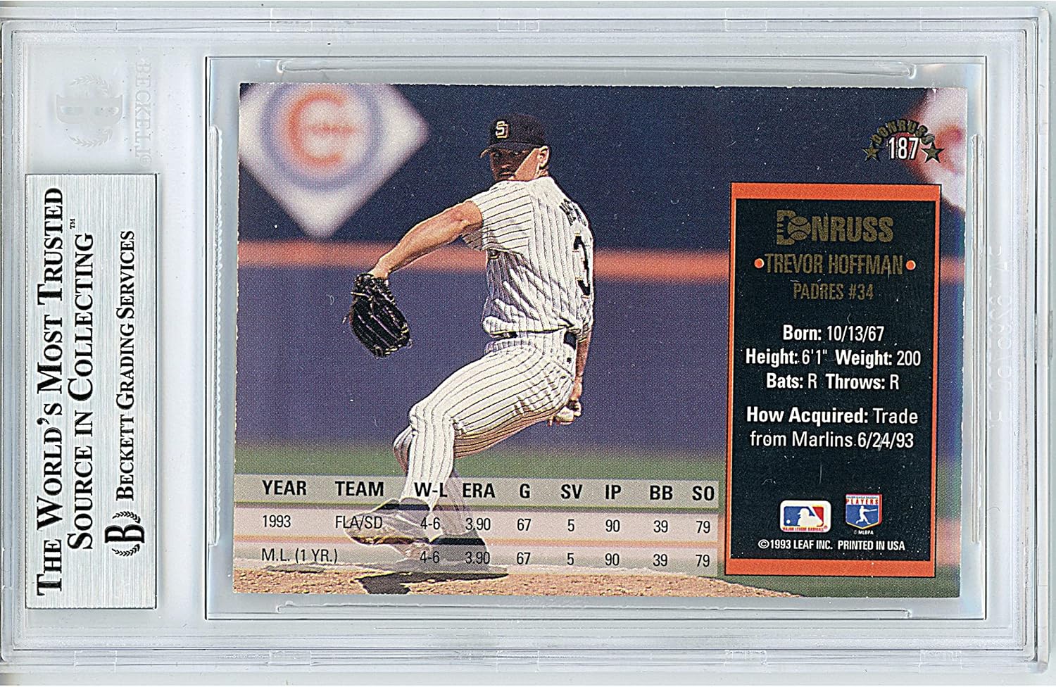 Trevor Hoffman Autographed 1994 Donruss #187 Baseball Trading Card Slab Beckett BAS Authentic Slabbed COA Played For San Diego Padres MLB