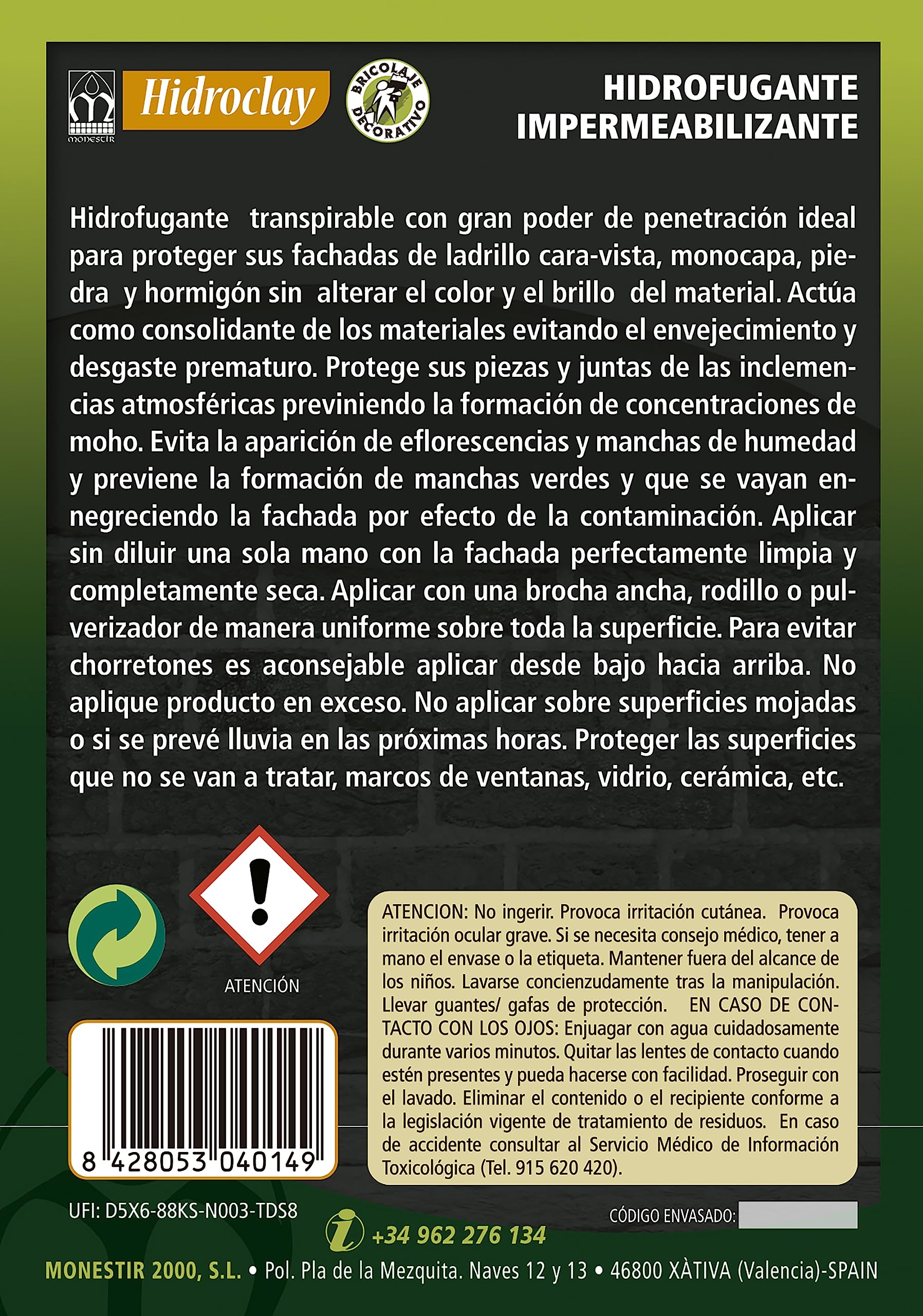 MONESTIR Hidroclay, Hidrofugante Impermeabilizante de Fachadas, 10L