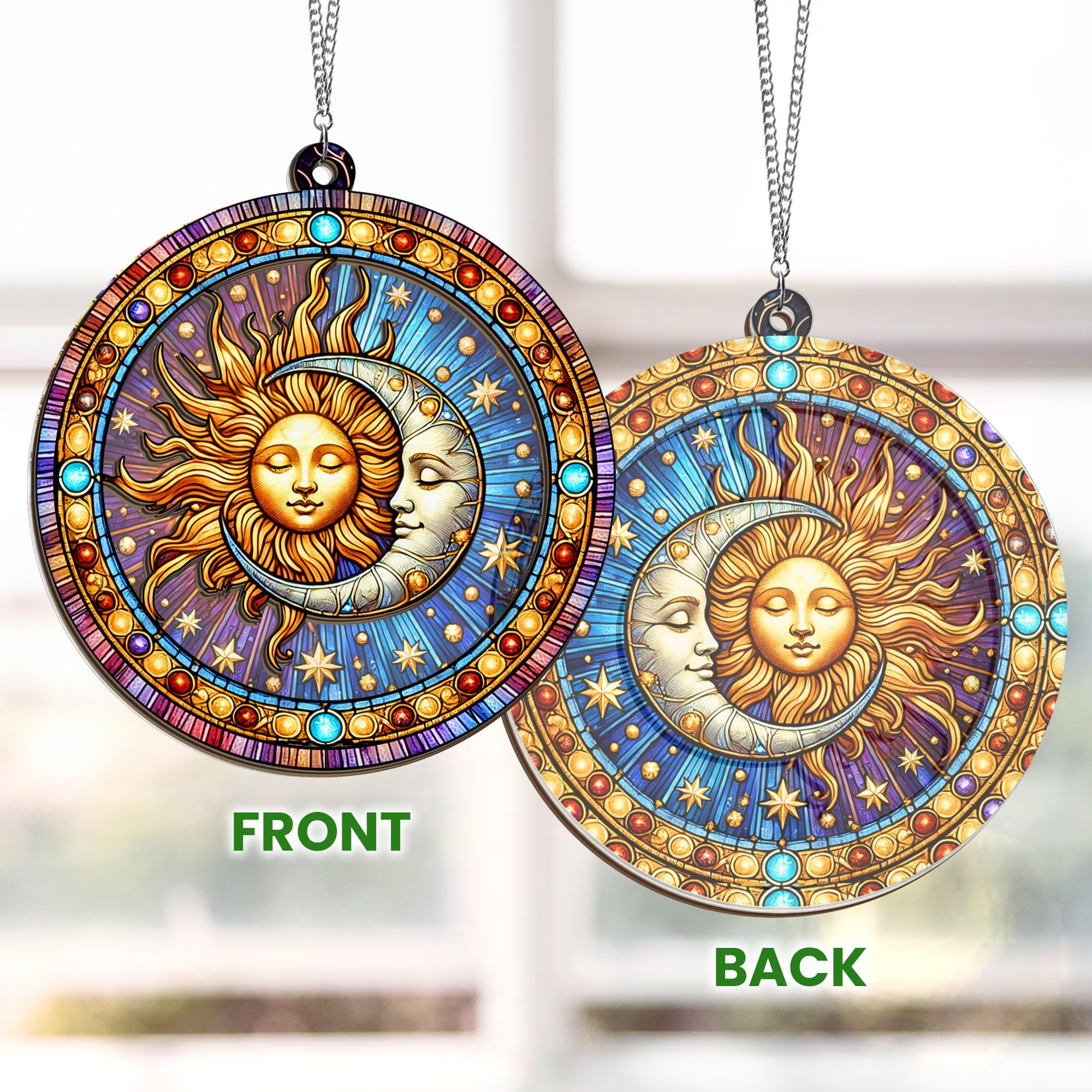 OASSIE Spiritual Gifts for Men Women - Double Layered Hanging Suncatcher 6 in - Sun and Moon Decorations, Birthday Gifts for Mom Dad Family, Friend, Celestial Boho Home Décor