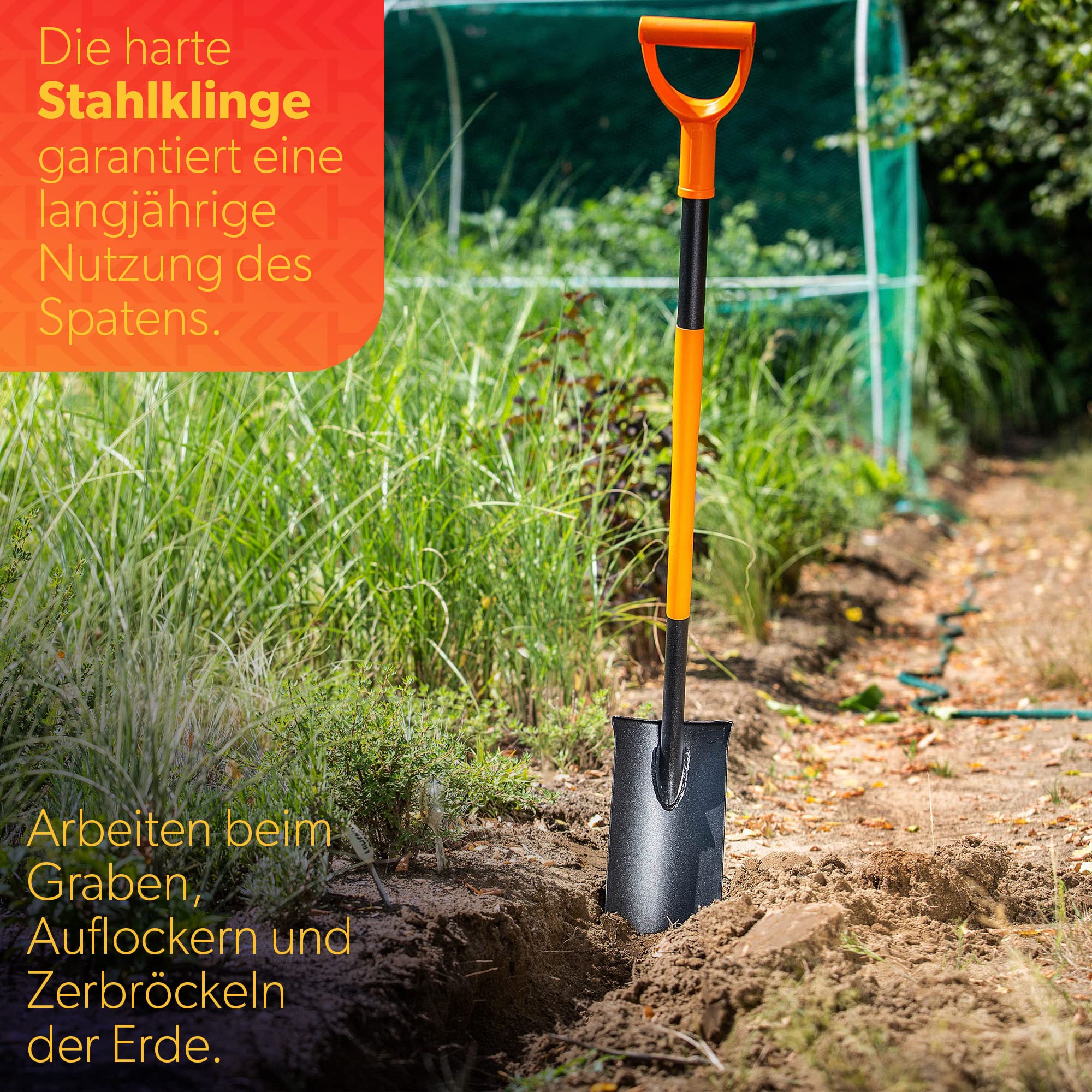 Spaziali di drenaggio Kadax, sponsor di drenaggio con mantello D, pala in acciaio, pala di pizzo con stelo, vanga da giardino ai fori, paletta di drenaggio, vanga (121 cm, nero/arancione)