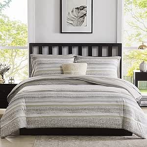 MaiReve Grey Twin Bed in A Bag, Soft Grey Stripe Minimalist Comforter Set Urban House Design 6 Pieces for Boys Girls or Dorm Bedding(Mosaic Horizontal Stripes,Twin)