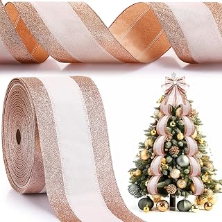 Craftsatin 40 Yards Christmas Glitter Wired Ribbon, 40 Yard, Rose Gold | 4 Inch Wide Stripe Wired Edge Ribbon, Fabric Ribbons for Home Decor Gift Wrapping Bows Xmas Tree Wreath Garland DIY Bows