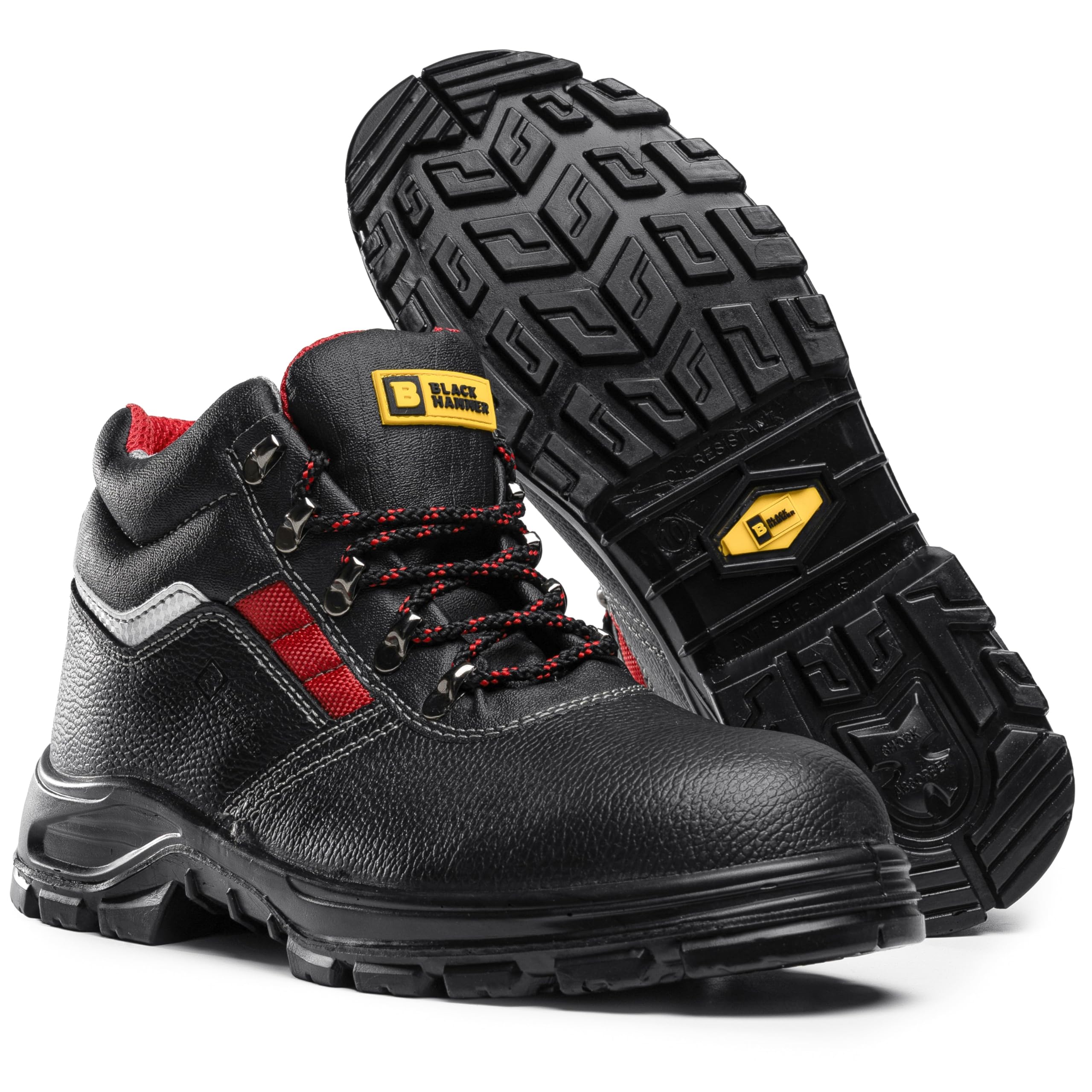 BLACK HAMMER Bottes de sécurité en cuir noir pour homme S3 SRC Embout en acier Bottines de travail 5993