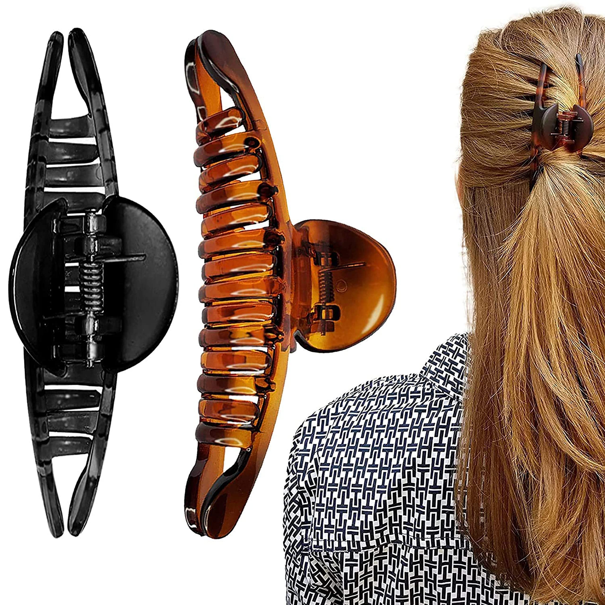 Airclip Big-Size Multi Color Imported Acrylic Material Stone Butterfly Hair Clips For Women (Pack of 2 Pc, Shell/Black Colour, T-Shape) | Hair Clutchers