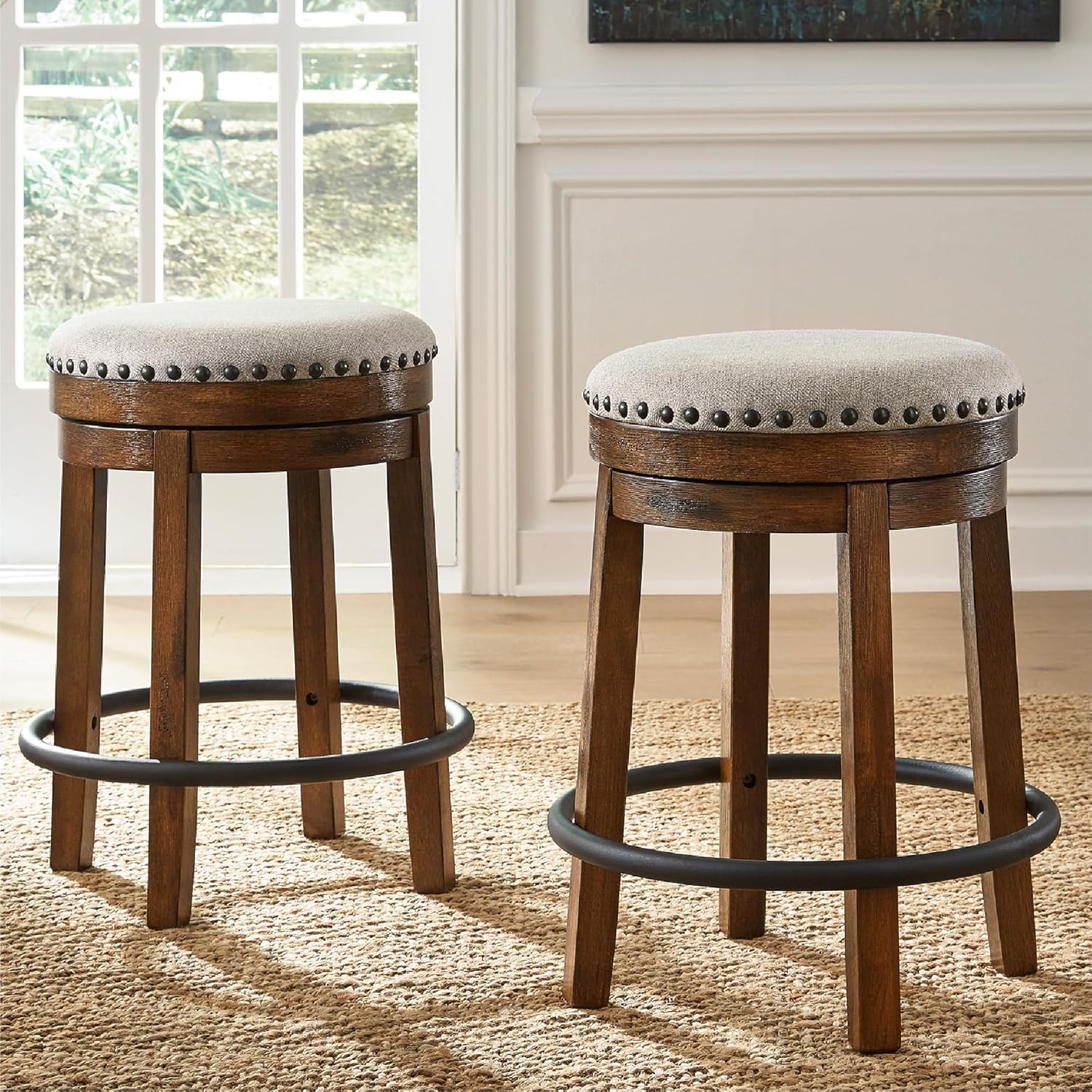 Signature Design by Ashley Valebeck Upholstered Swivel Stool, Cushioned Seat, Woven Fabric Upholstery, Wood, 24" H, Brown & Black