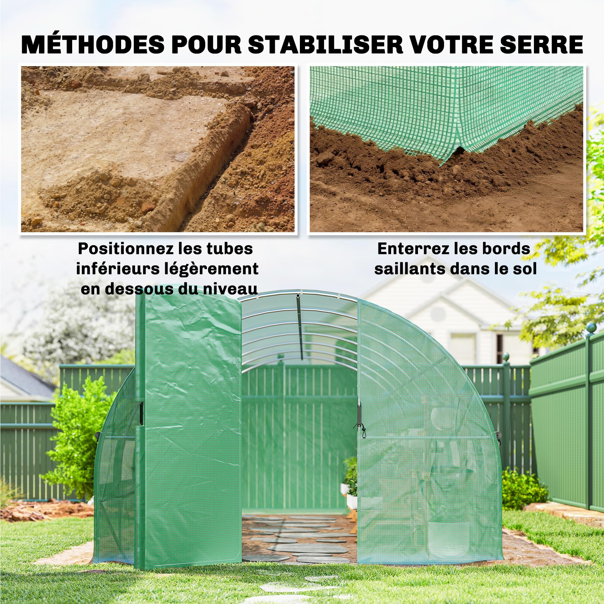 Outsunny Tunnel Serra da Giardino 18 m² 295x597x200 cm 2 Porte Verde | 12 finestre con zanzariera, telo in PE ad alta densità 140 g/m², bordo 20 cm, per uso esterno