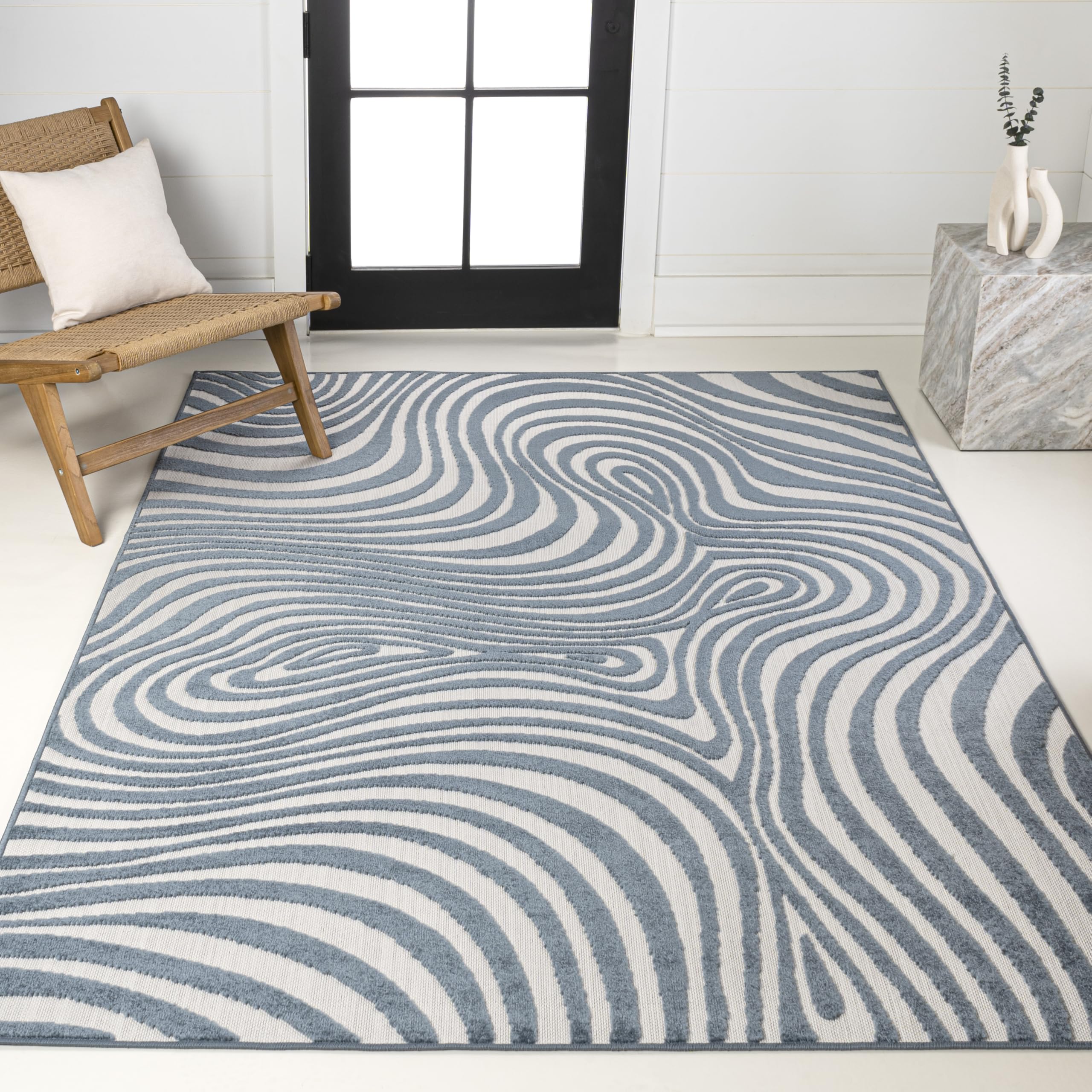 Eyely NCS103E-8 Maribo High-Low Abstract Groovy Striped Dark Blue/Cream 8 ft. x 10 ft. Indoor/Outdoor Area Rug, for Home, Backyard, Patio, Porch,