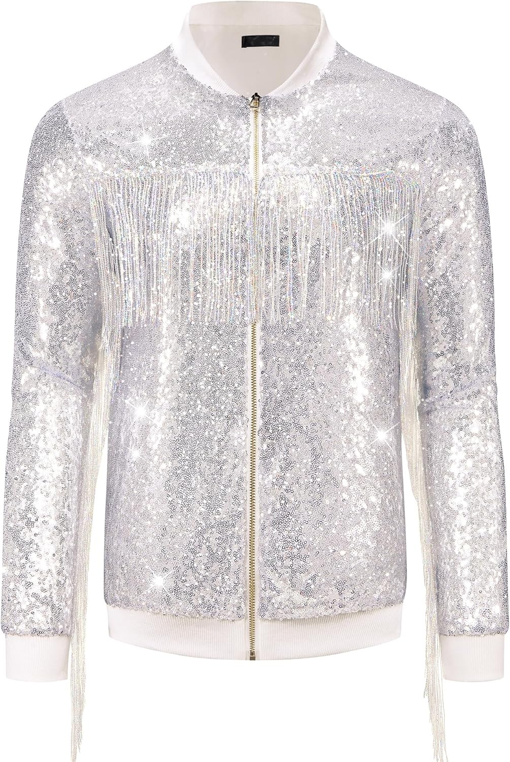 Lars Amadeus Shiny Tassel Jacket for Men's Zipper 70s Disco Sparkly Sequins Baseball Bomber Jackets - Image 3