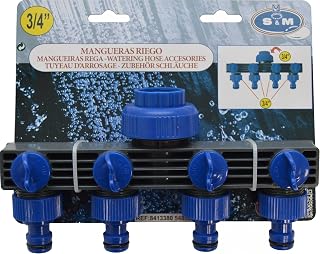 S&M 548901 | Derivación para Grifo con 4 Salidas con Llaves para mangueras y programadores | Color Azul, con Conectores automáticos, Rosca Hembra 3/4"