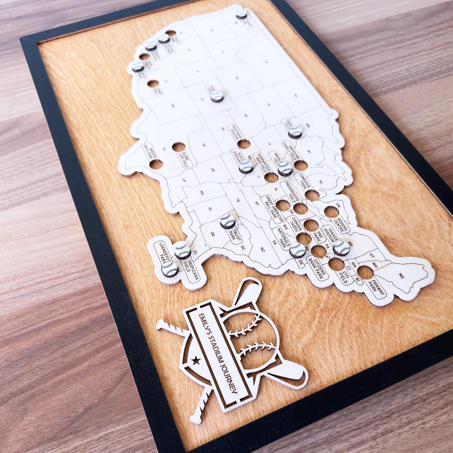 Personalized Wooden Ballpark Stadium Tracker, Baseball Stadium Map Tracker, Pro Baseball Stadium Tracker, Custom Baseball Stadium Map, Gift for Baseball Lover