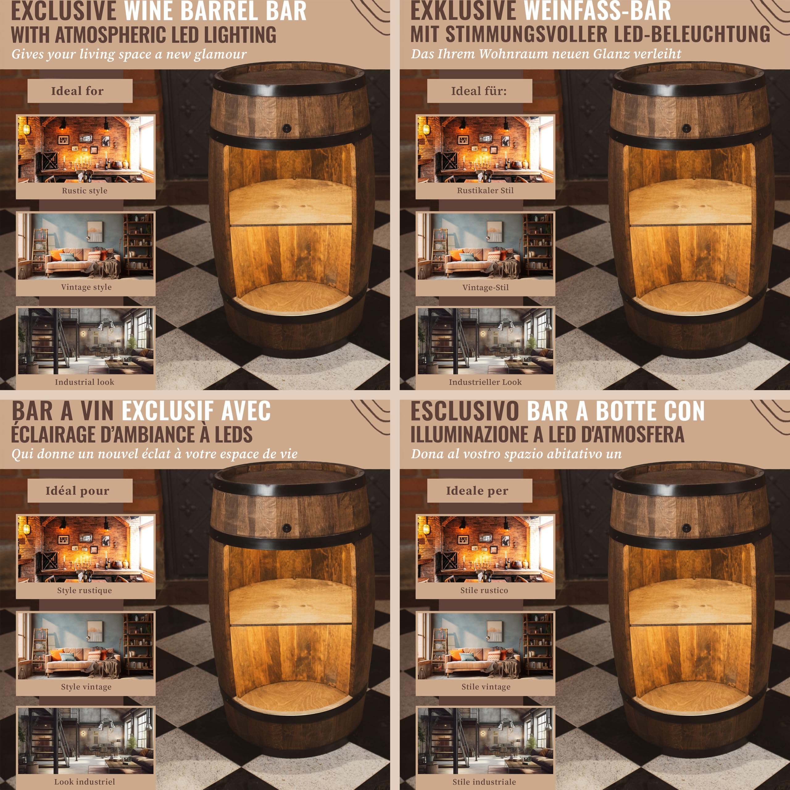 CREATIVE COOPER Drewniana beczka, bar domowy z diodami LED – szafka na wino w stylu retro – beczka na wino – drewniany regał na wino – drewniany bar o wysokości 80 cm – eleganckie meble, dekoracja salonu – beczka