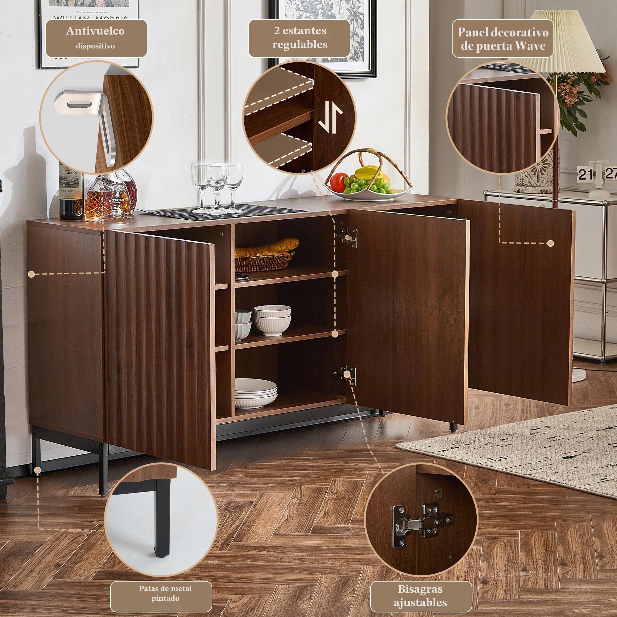 150x40x80cm, aparador en roble oscuro, mueble decorativo moderno de mediados de siglo, 3 puertas, diseño ondulado, estantes ajustables, elegante mueble contenedor para salón, comedor, oficina