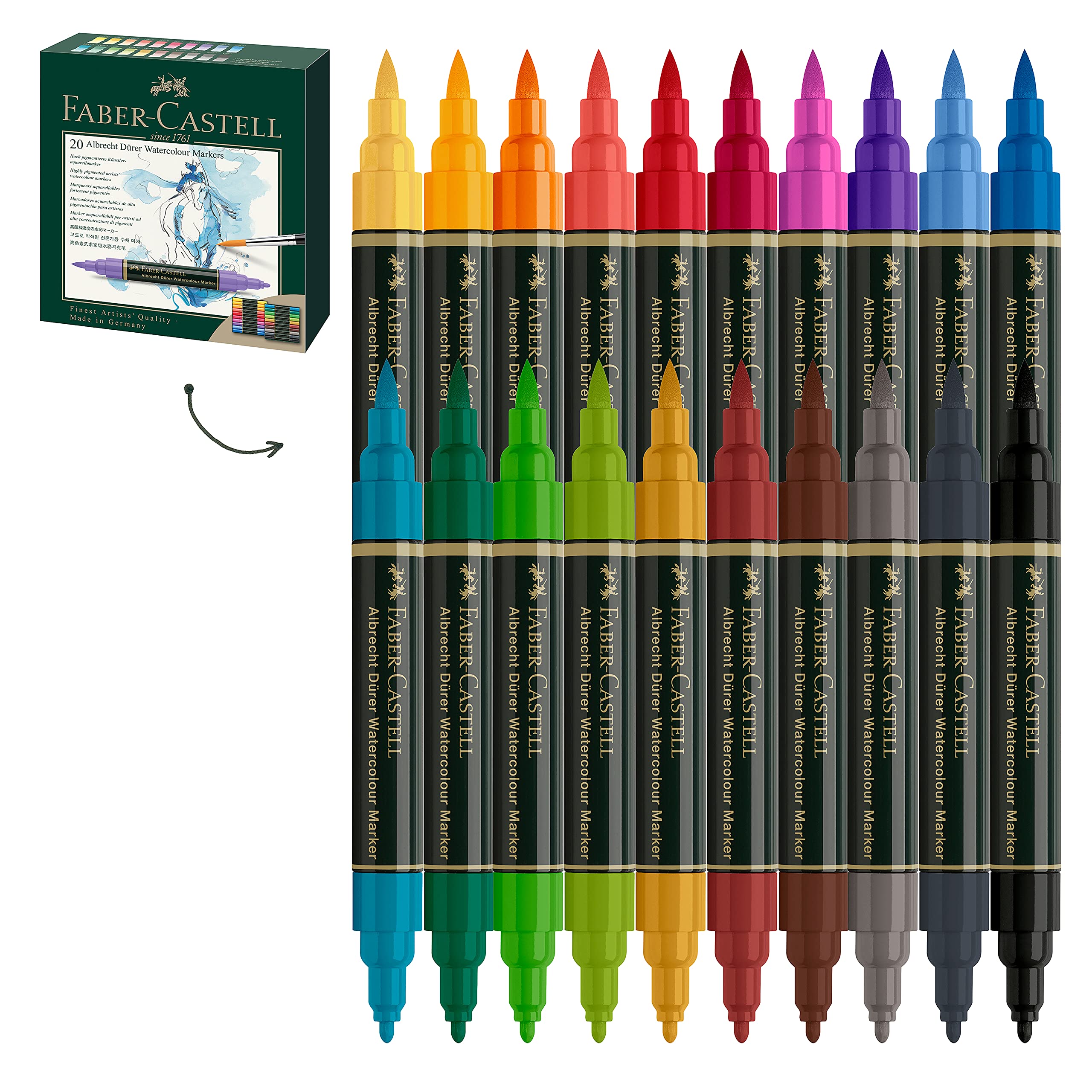 Faber-Castell 160320 Aquarellmarker Albrecht Dürer mit Doppelspitze für flächigen und präzisen Farbauftrag, 20er Etui, bunt & 185105 - Art & Graphic Wassertankpinsel, 1 Stück, medium brush